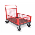 Chariot grillagé avec 1 dossier et 3 demi ridelles rouge 500 kg