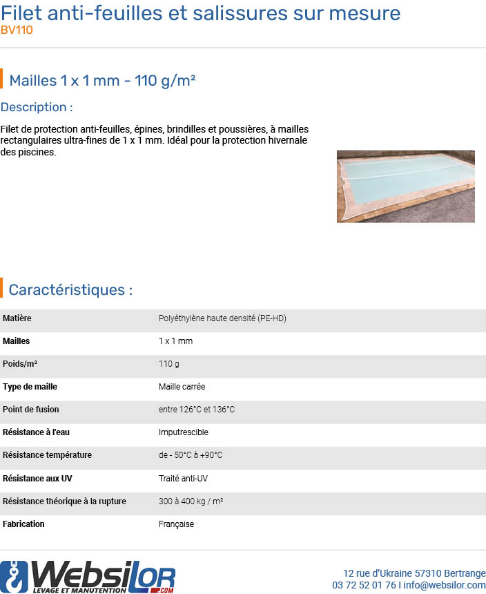 Informations techniques Filet anti-feuilles et salissures sur mesure
