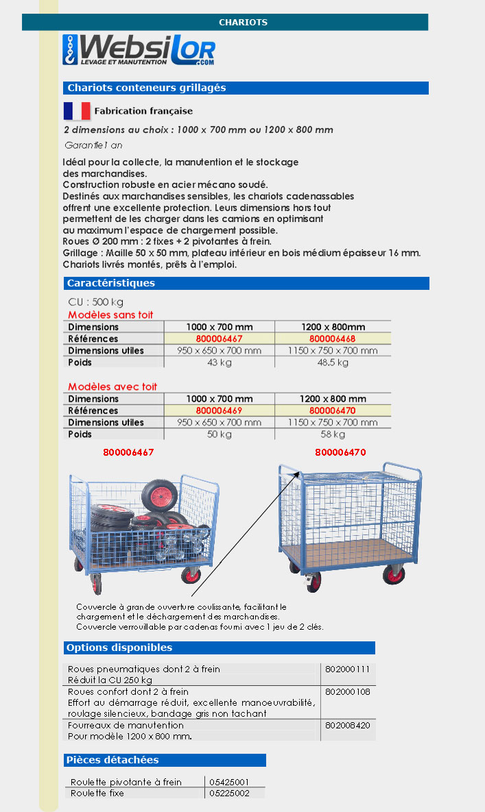 Informations techniques Chariot conteneur - 500 kg