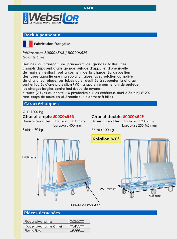 Informations techniques Chariot porte-baies - 1200 kg 