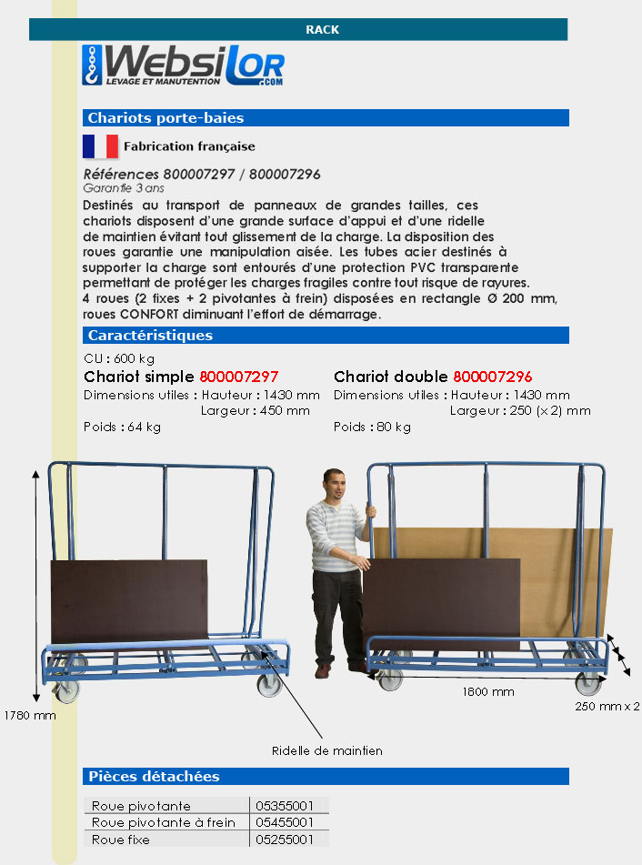 Informations techniques Chariot porte-baies - 600 kg 
