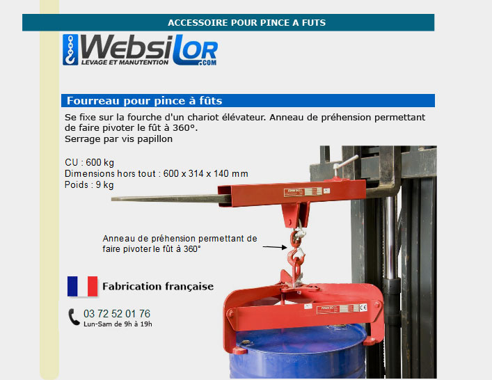 Informations techniques Fourreau pour pince à fût - 600 kg