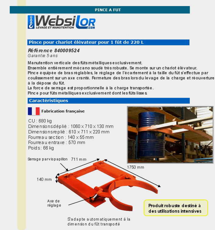 Informations techniques Pince réglable pour fût métallique 220L - 680kg
