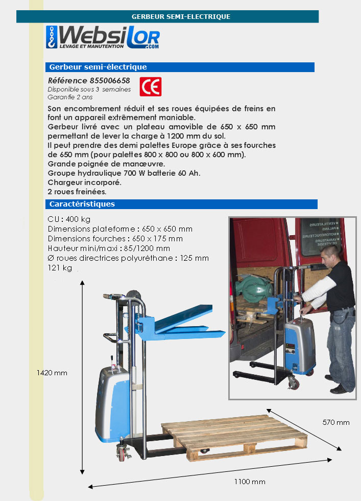 Informations techniques Gerbeur semi électrique palette EURO - 400 kg