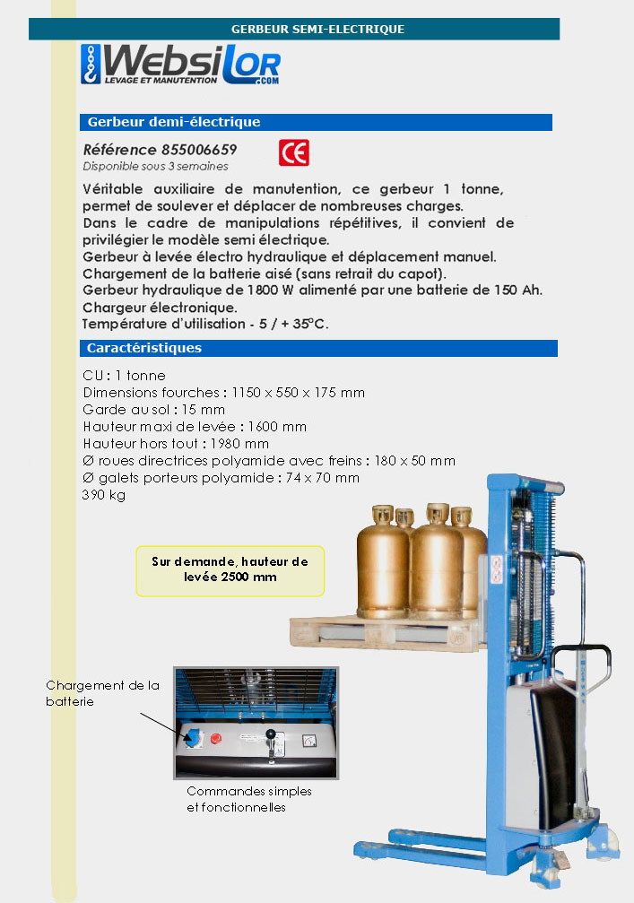 Informations techniques Gerbeur semi électrique à plateau - 1000 kg