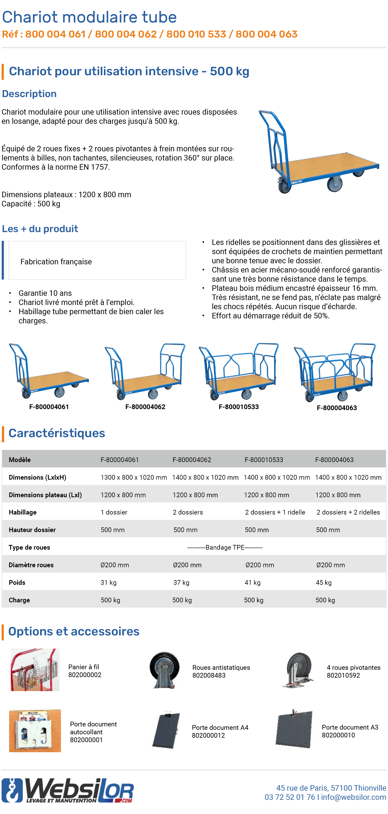Informations technique de Chariot modulaire roues losange - 500 kg 