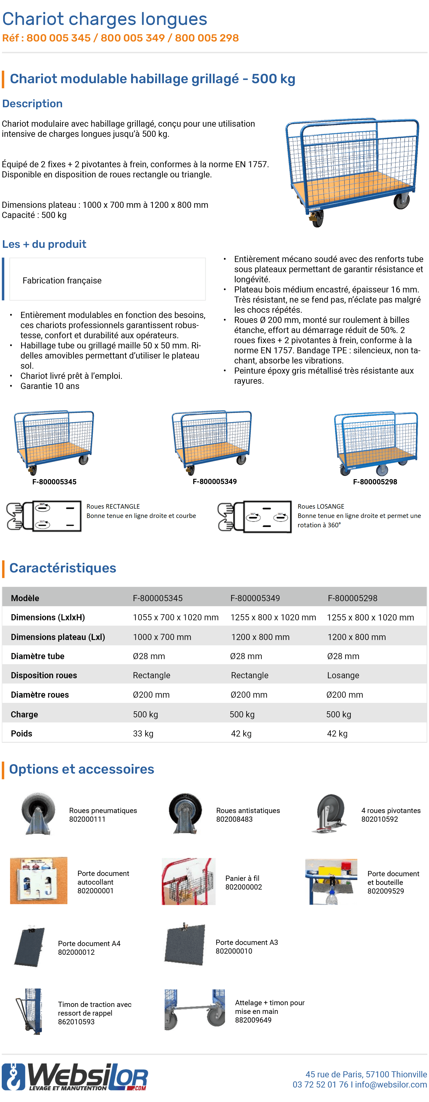 Informations technique de Chariot pour charges longues roues losange - 500 kg