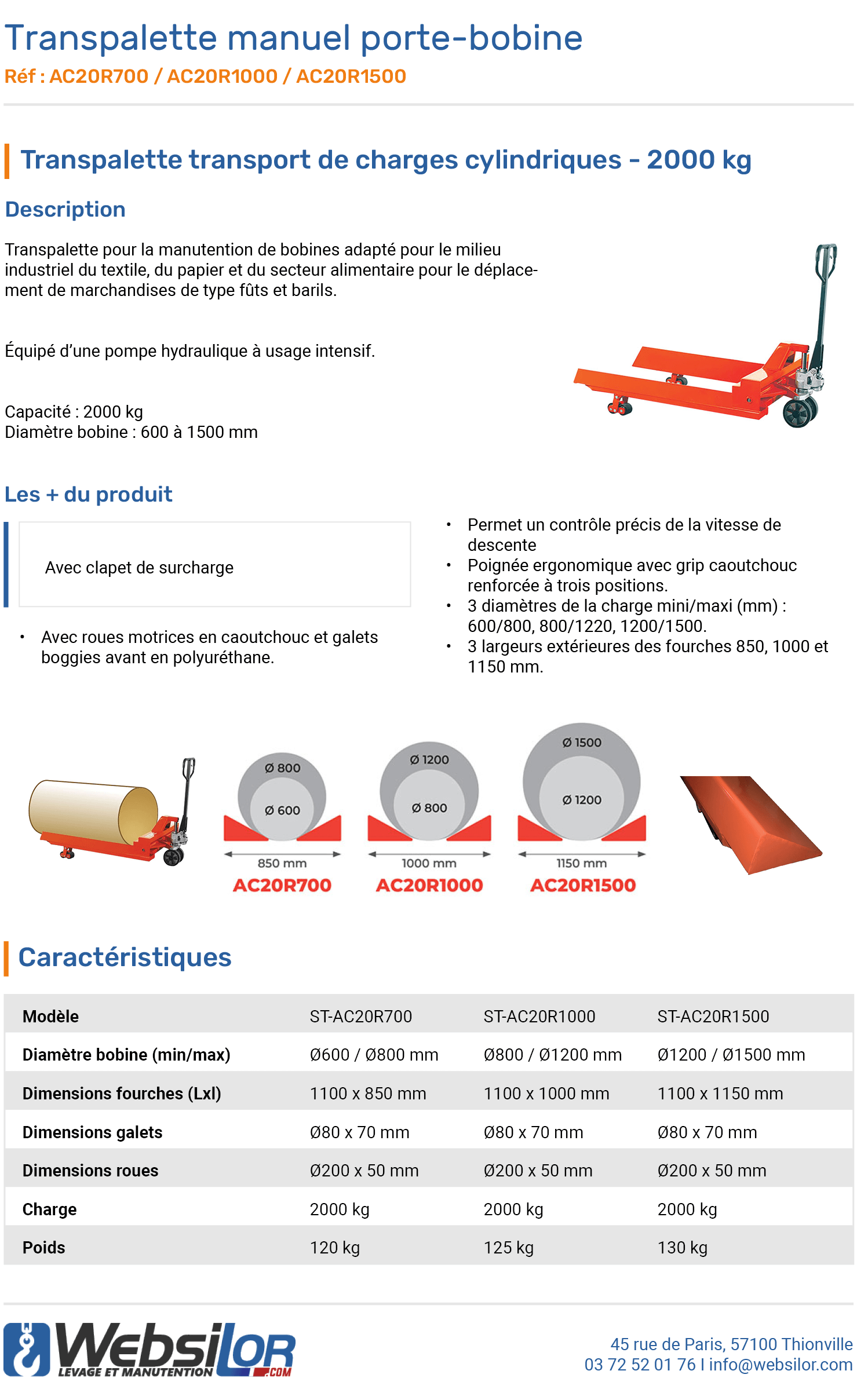Informations techniques Transpalette manuel porte-bobine