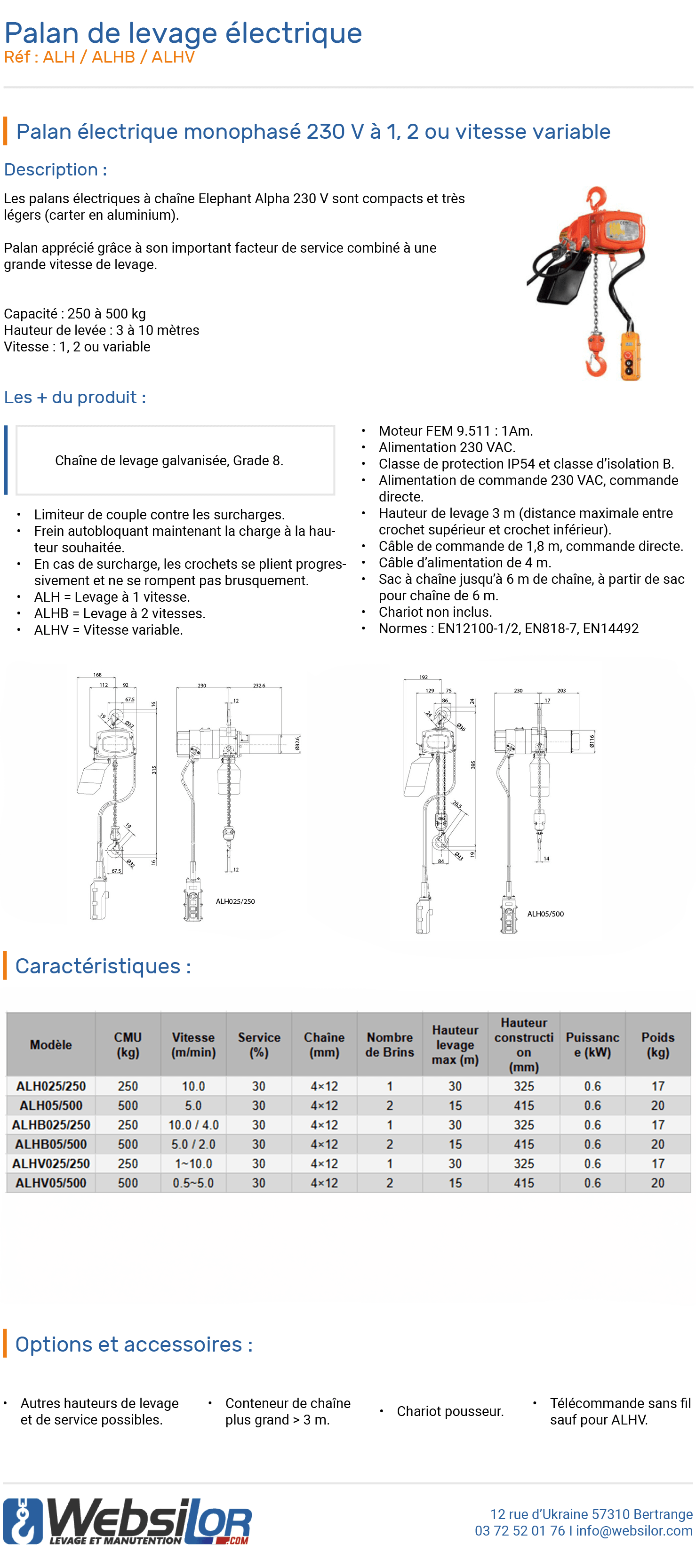 Informations technique de Petit palan électrique monophasé Eléphant - Vitesses 1, 2 ou variable - 250 à 500 kg