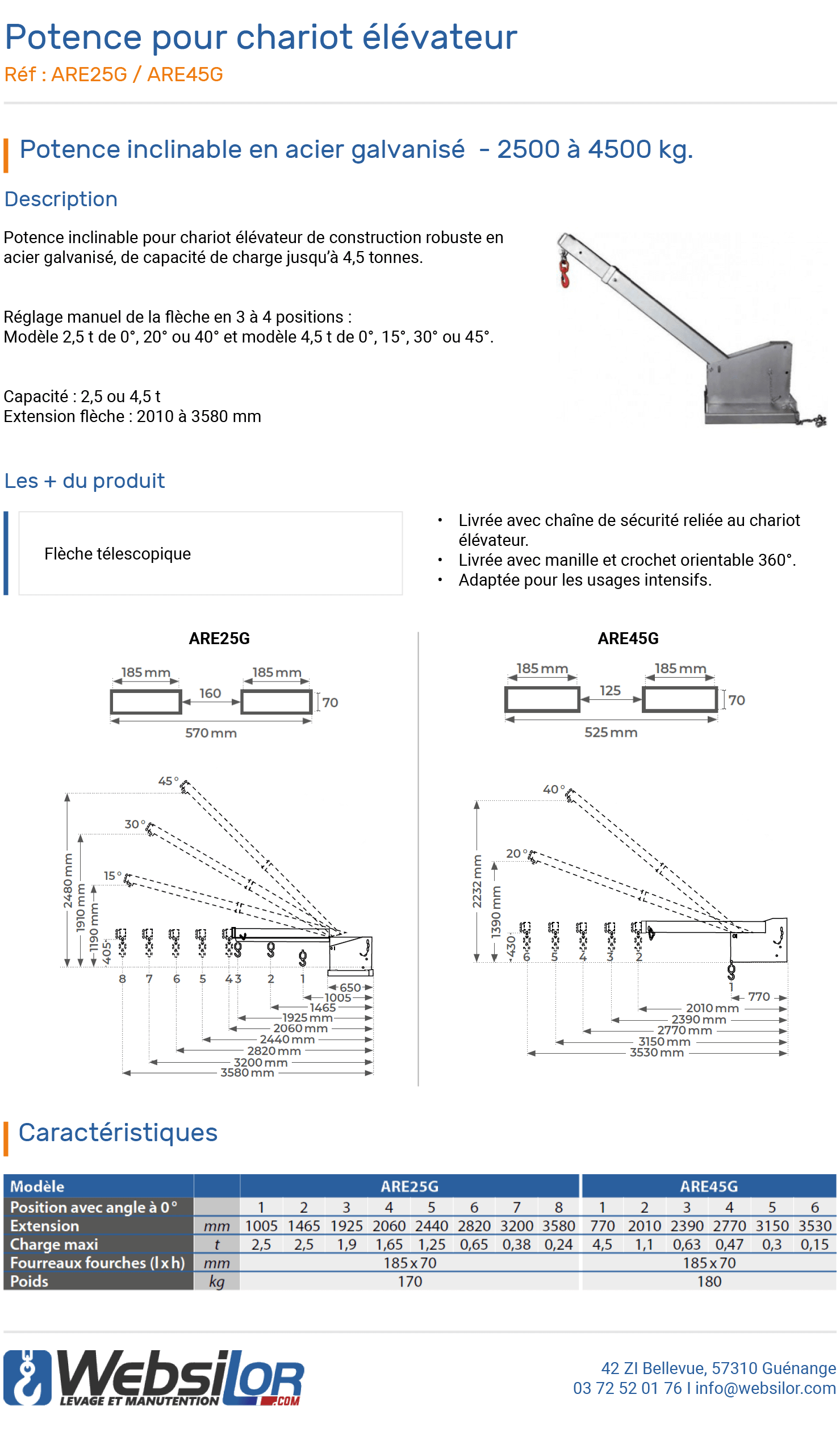 Informations techniques Potence pour chariot élévateur inclinable galvanisée 2500 à 4500 kg