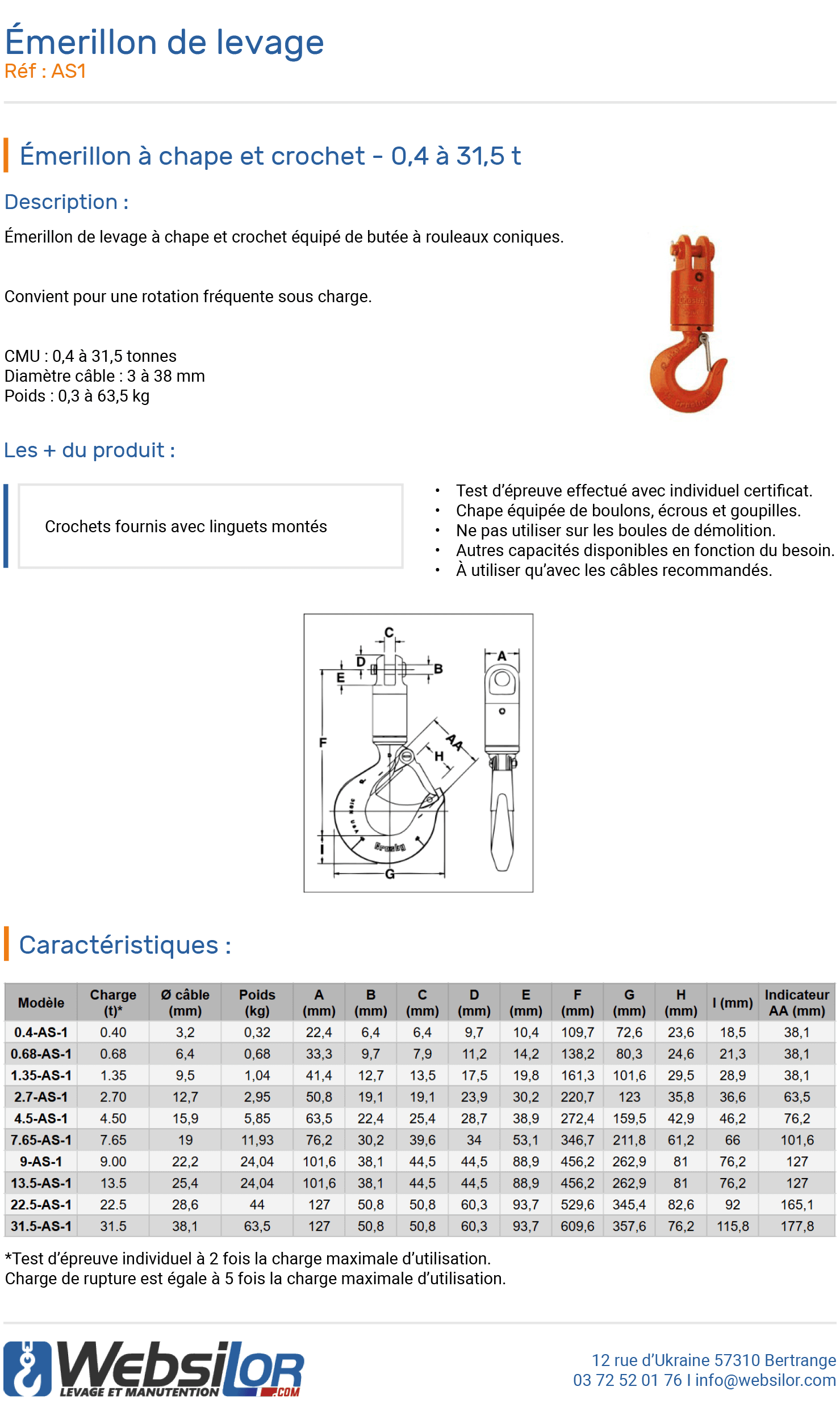 Informations technique de Emerillon chape et crochet - 400 kg