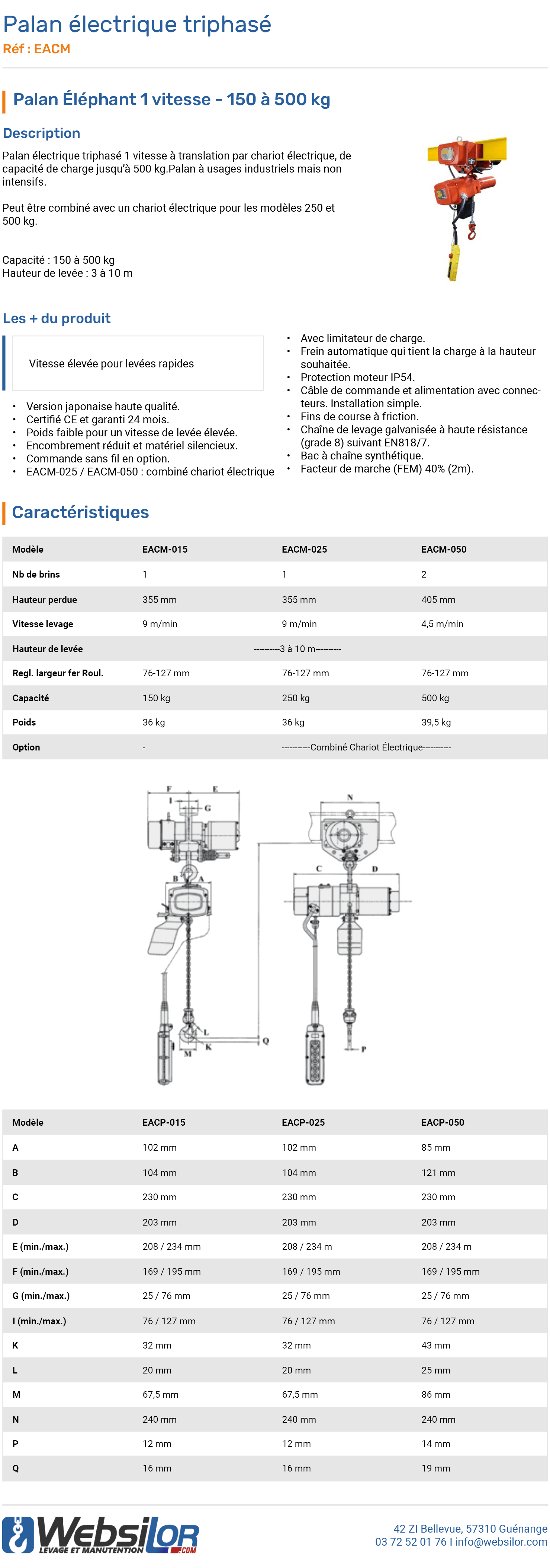 Informations techniques Petit palan et chariot électriques triphasé Élephant - 150 à 500 kg