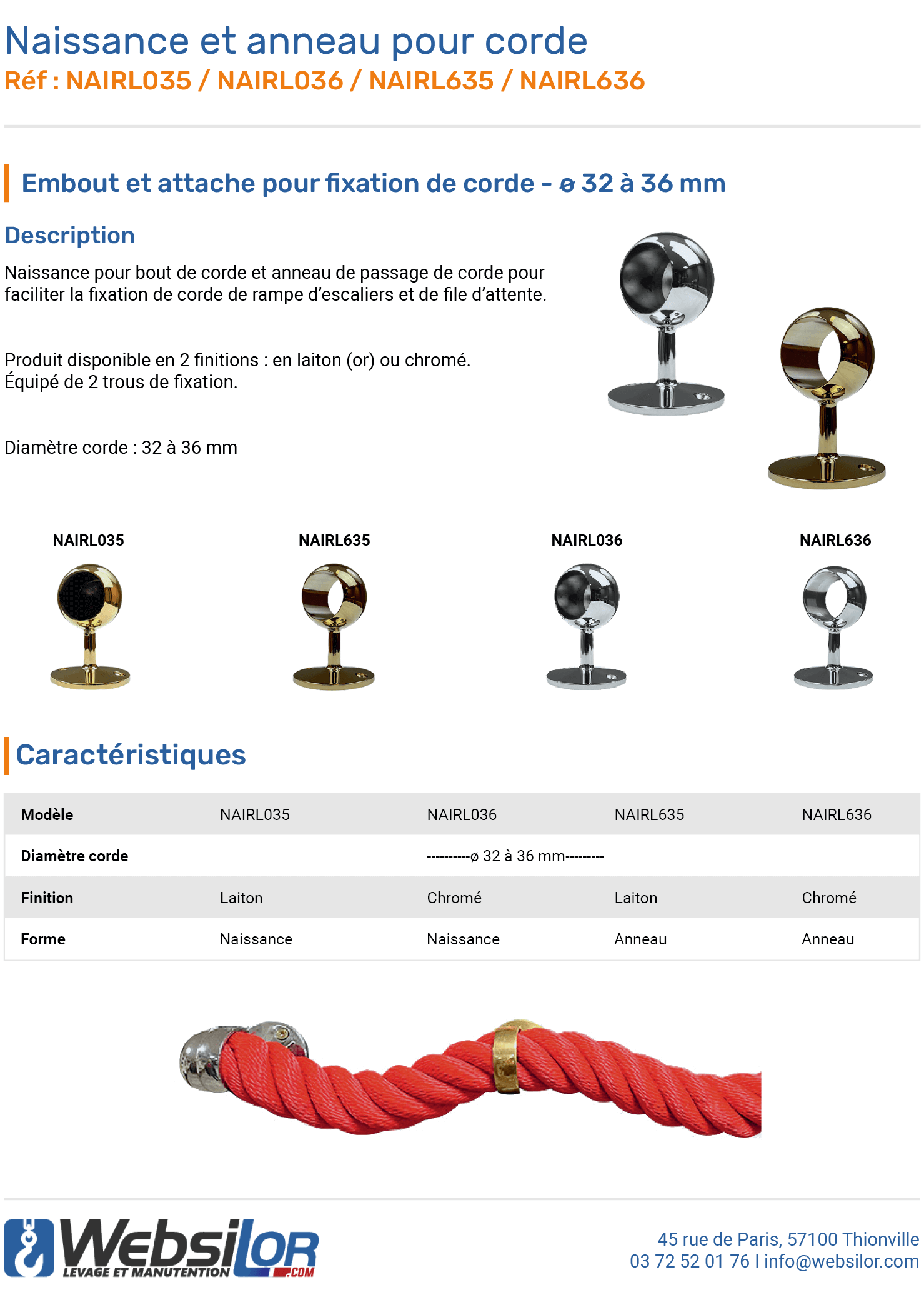 Informations techniques Naissance pour corde diamètre 32 à 36 mm