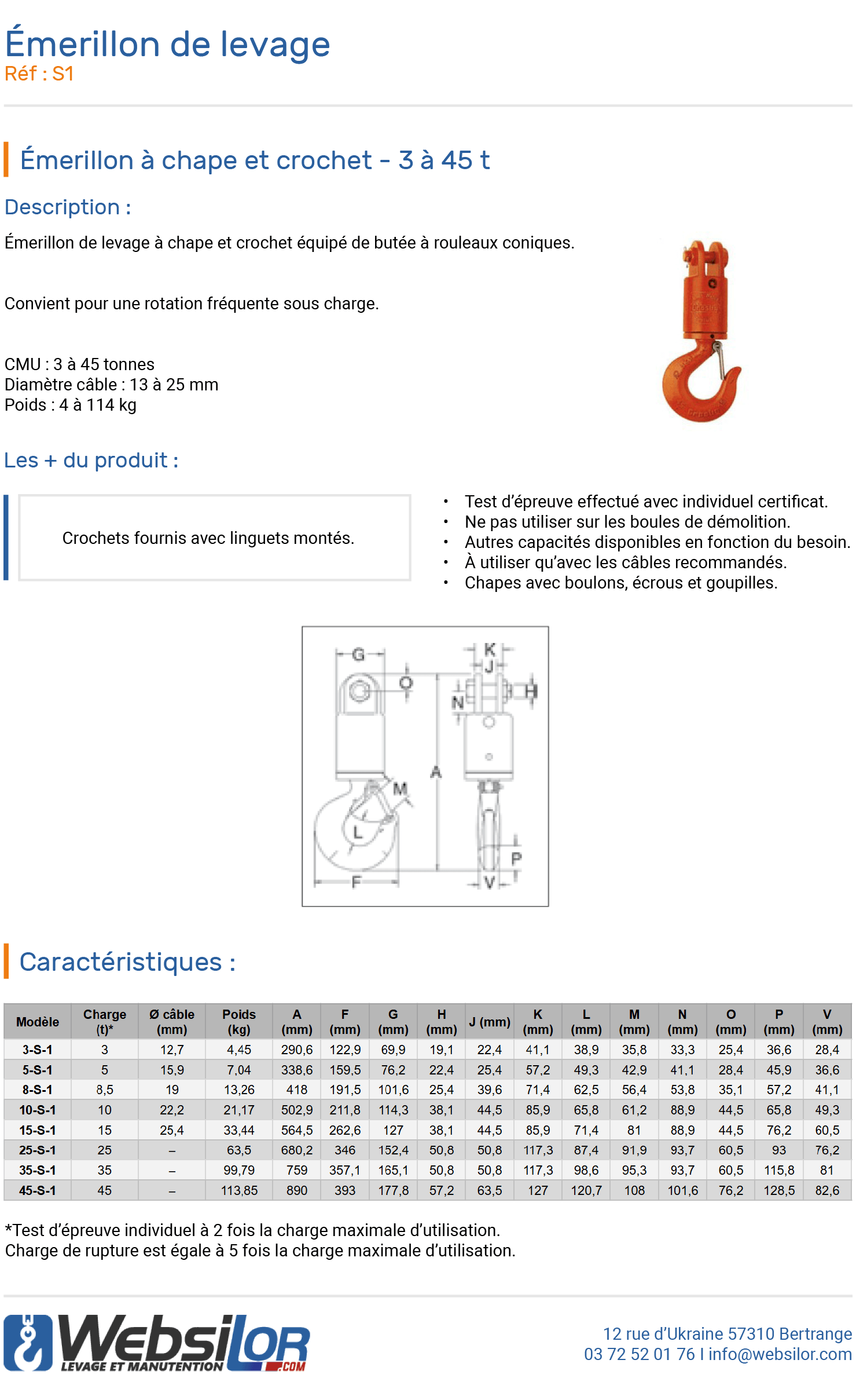 Informations technique de Emerillon chape et crochet - 35000 kg
