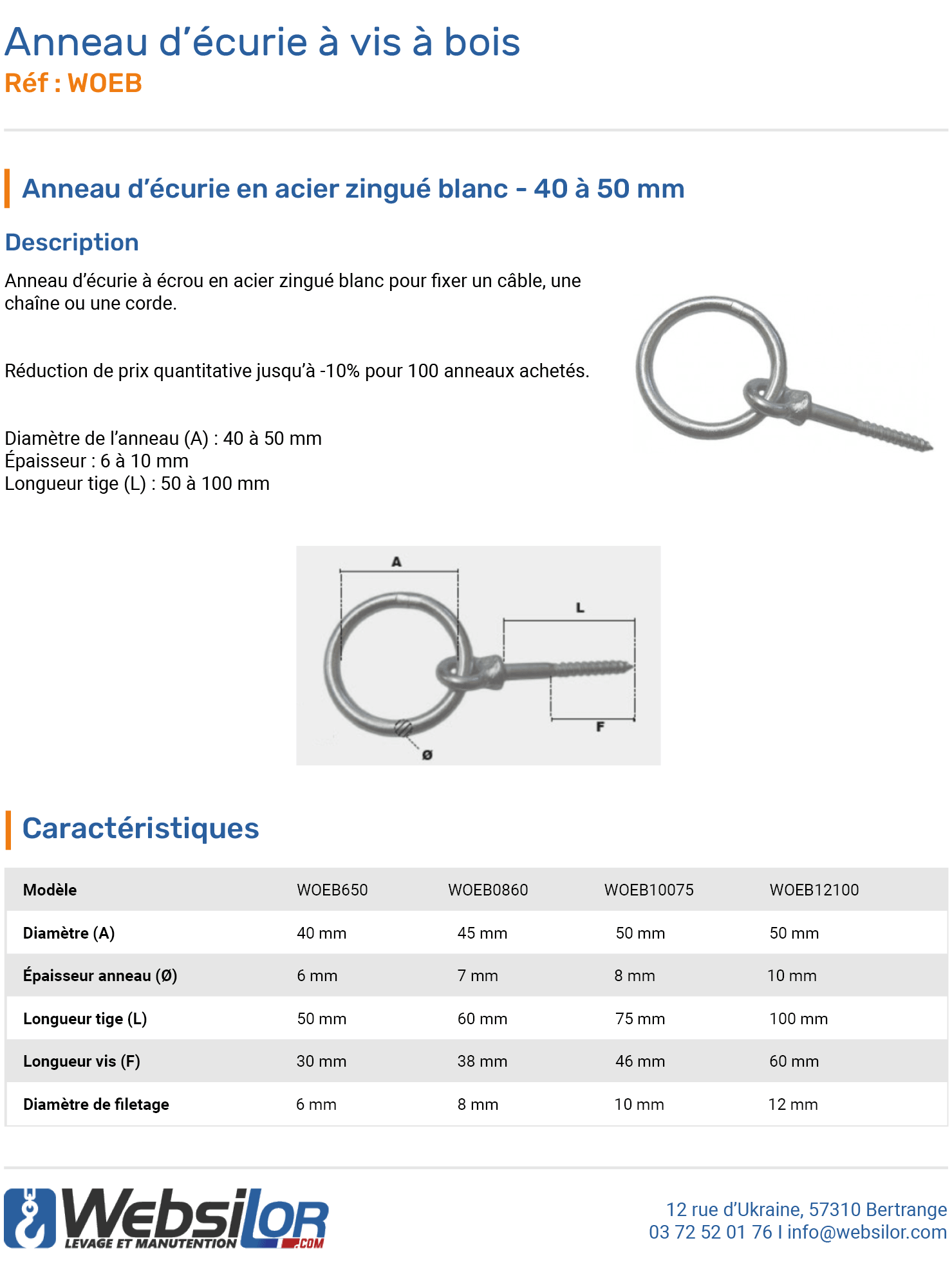Informations techniques Anneau d'écurie à vis à bois 6 à 10 mm