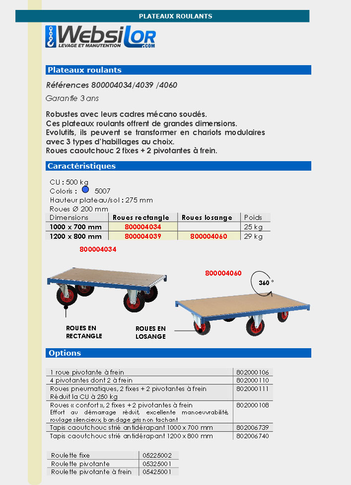 Informations techniques Plateau roulant - 500 kg 