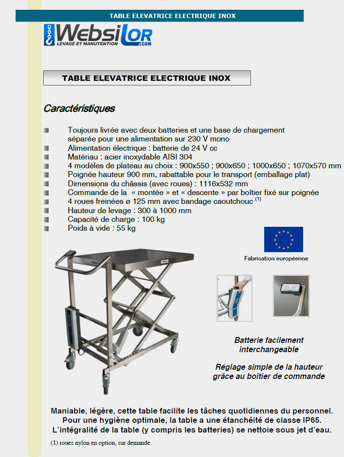 Informations techniques Table élévatrice mobile électrique INOX 100 kg