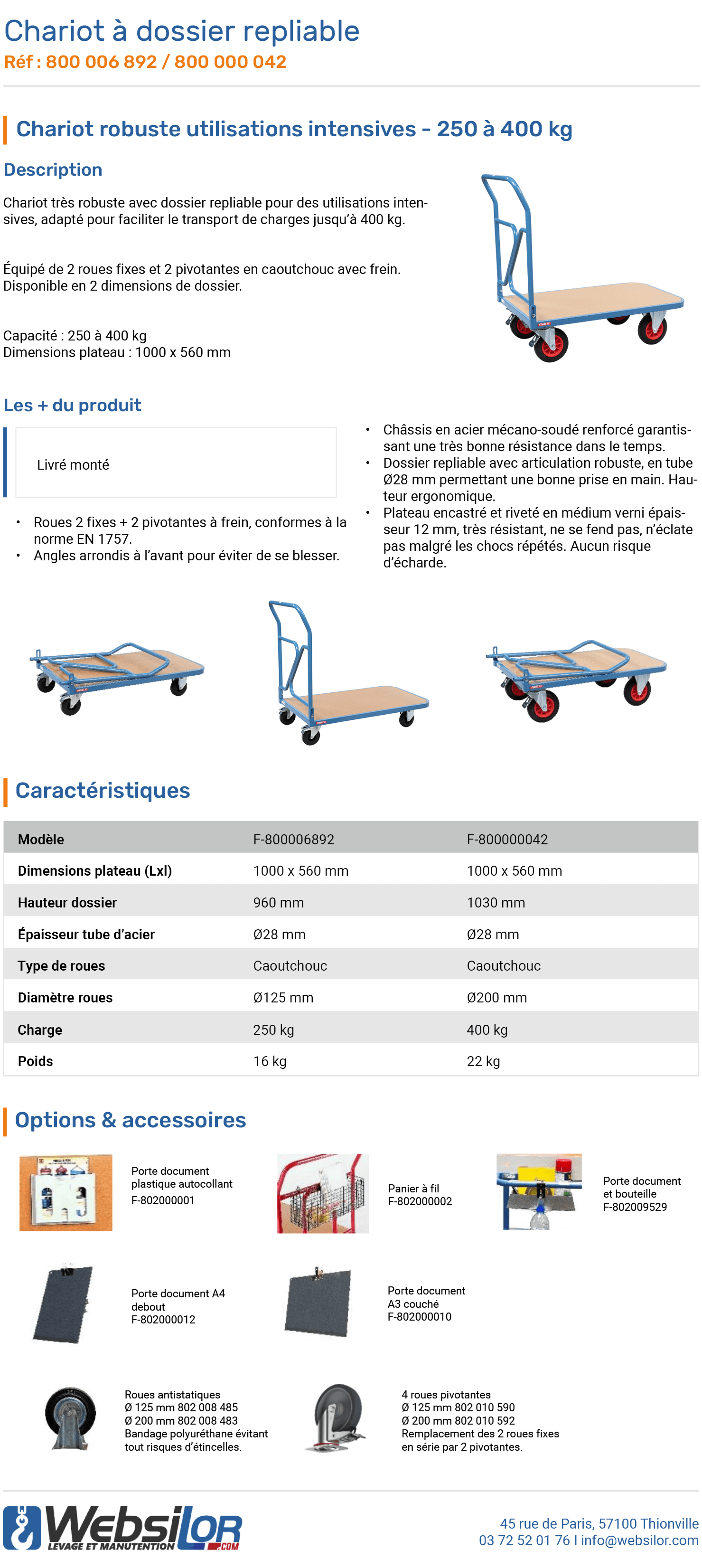 Informations techniques Chariot dossier repliable - 400 kg