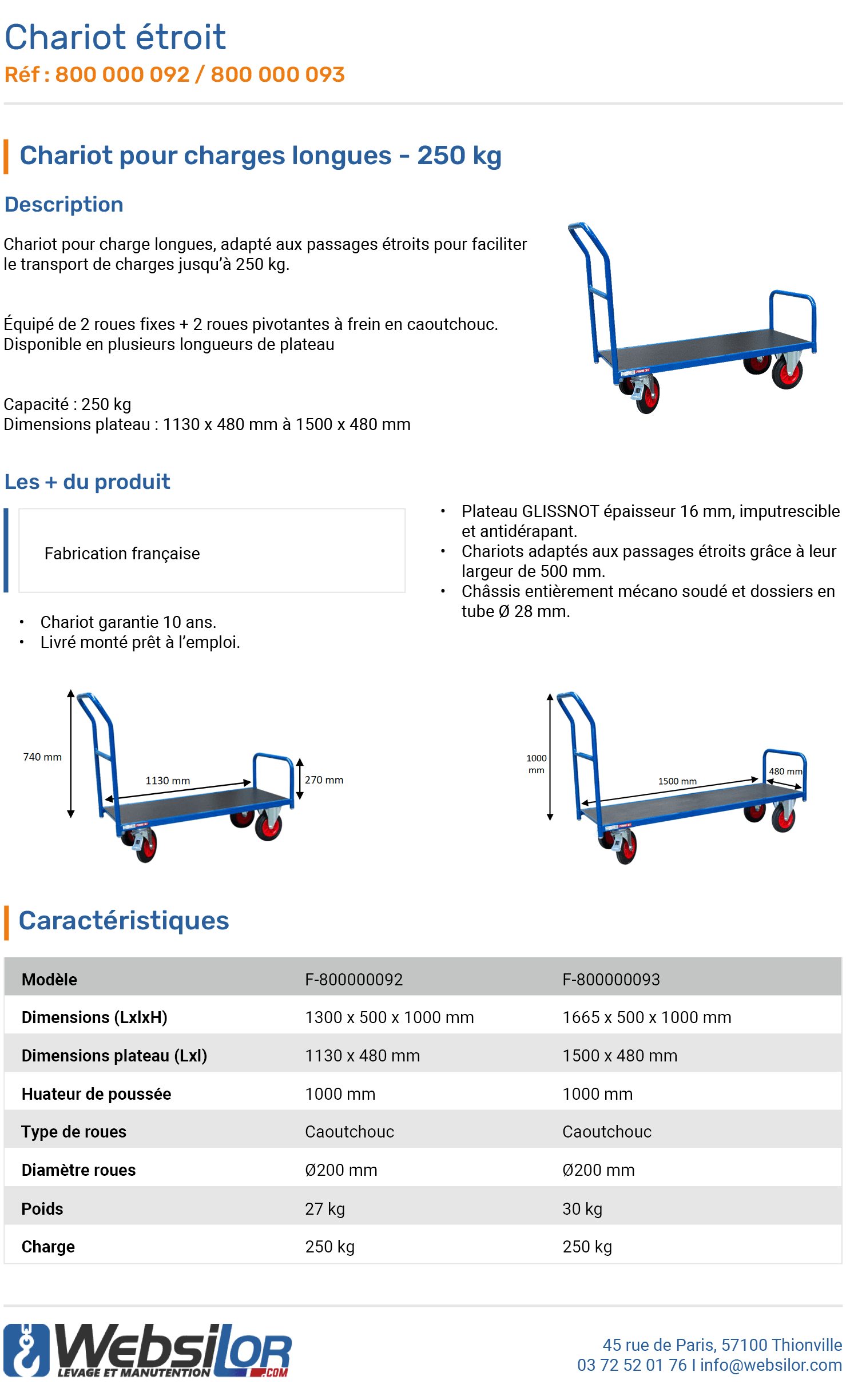 Informations techniques Chariot étroit charges longues - 250 kg