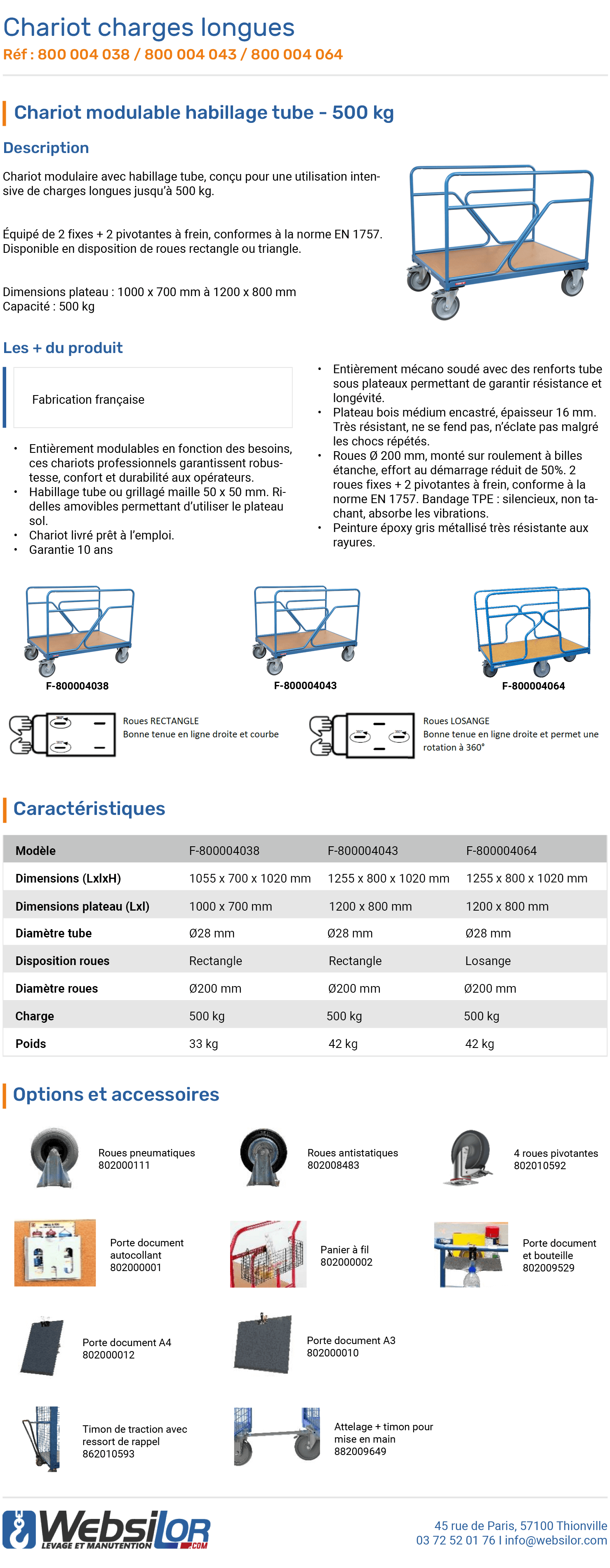 Informations technique de Chariot pour charges longues - 500 kg