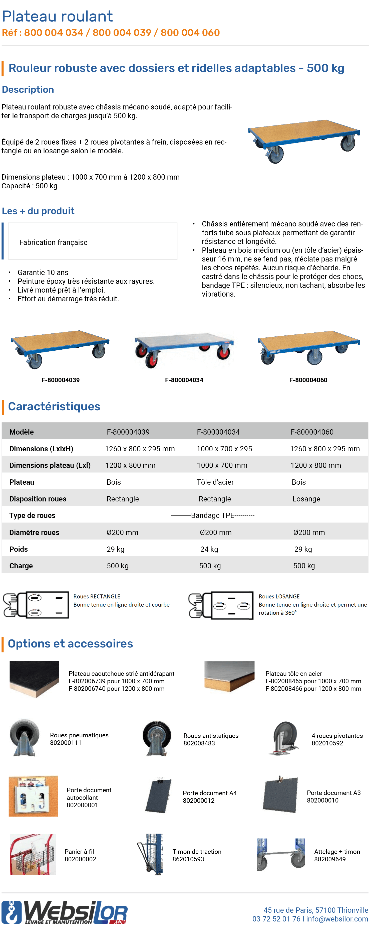 Informations technique de Plateau roulant roues losange - 500 kg