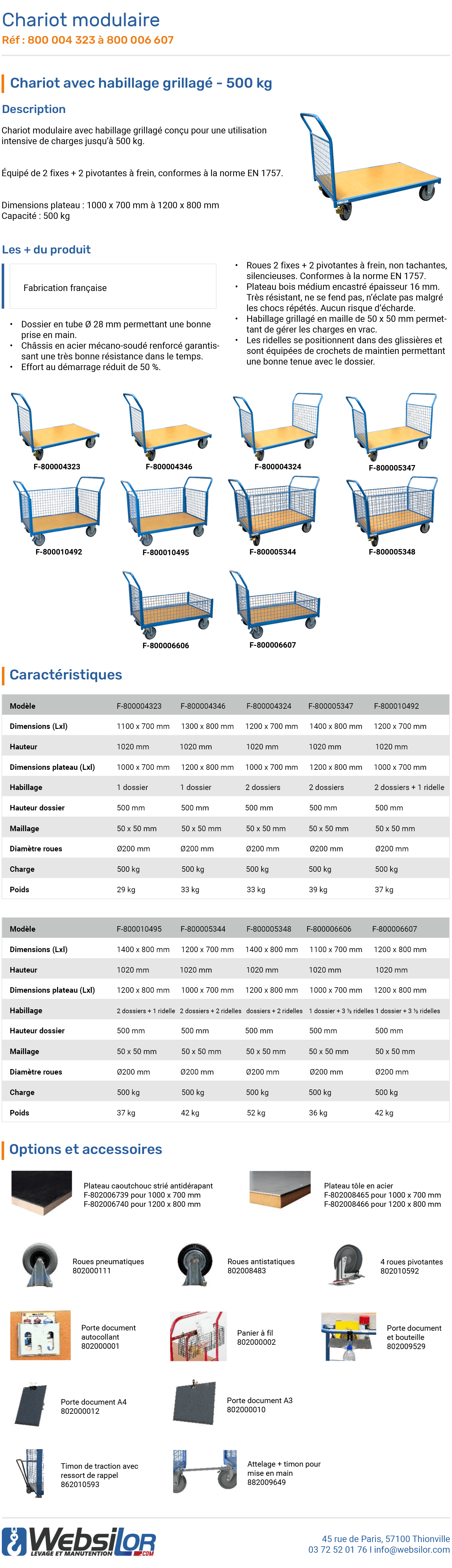 Informations technique de Chariot modulaire grille 2 dossiers - 500 kg 