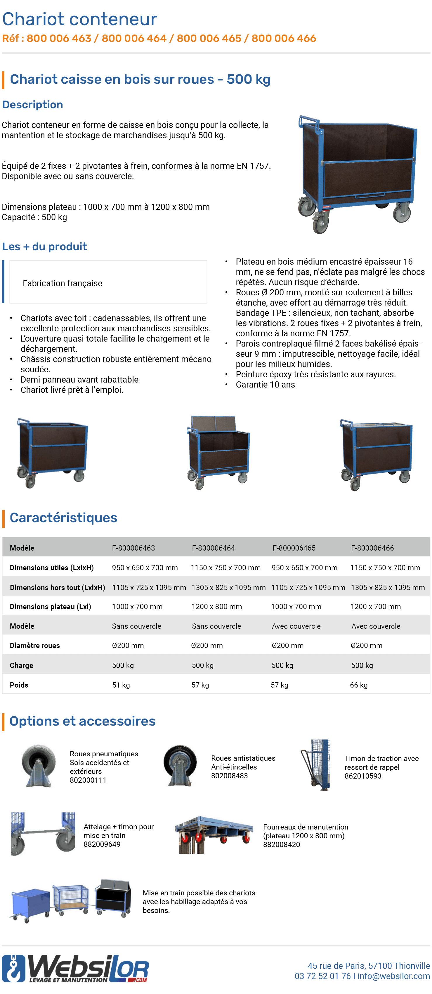Informations techniques Chariot conteneur bois - 500 kg