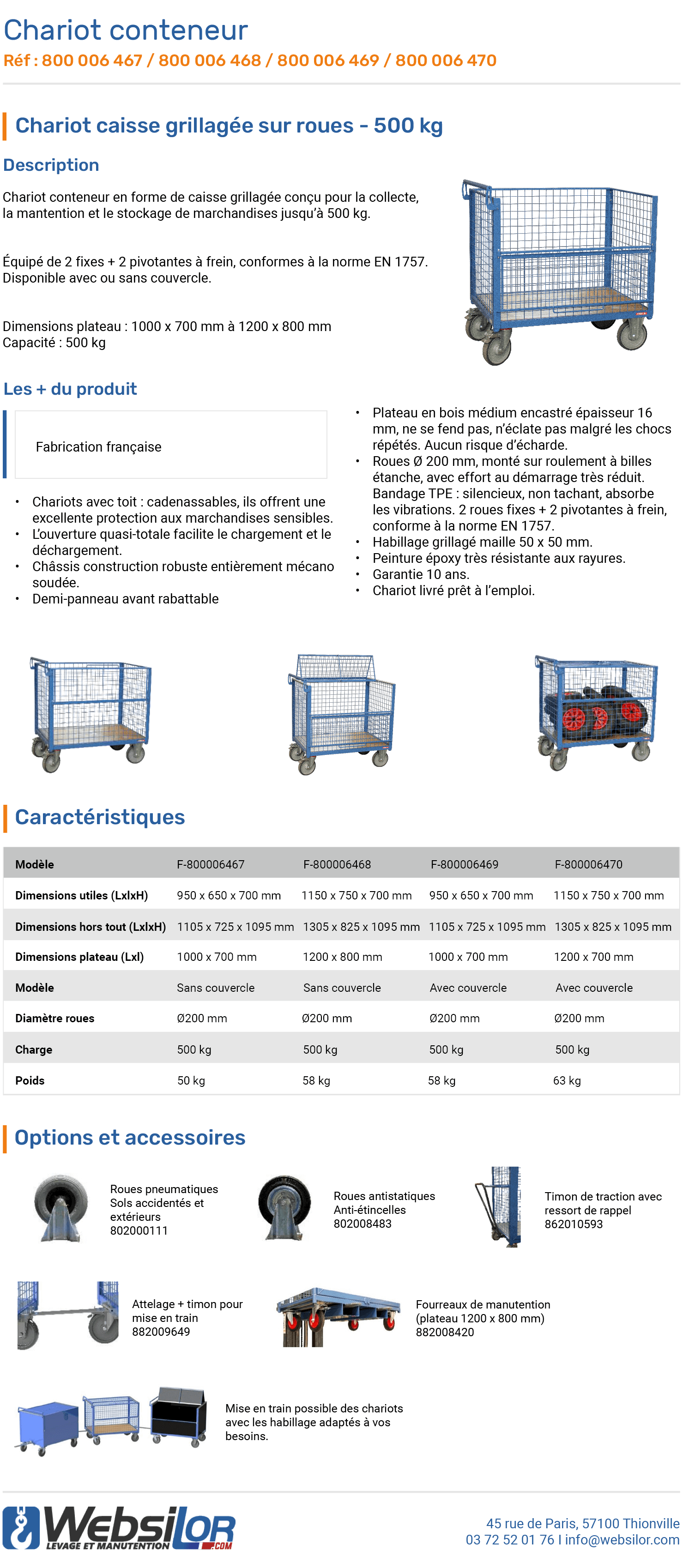 Informations technique de Chariot conteneur grand plateau - 500 kg