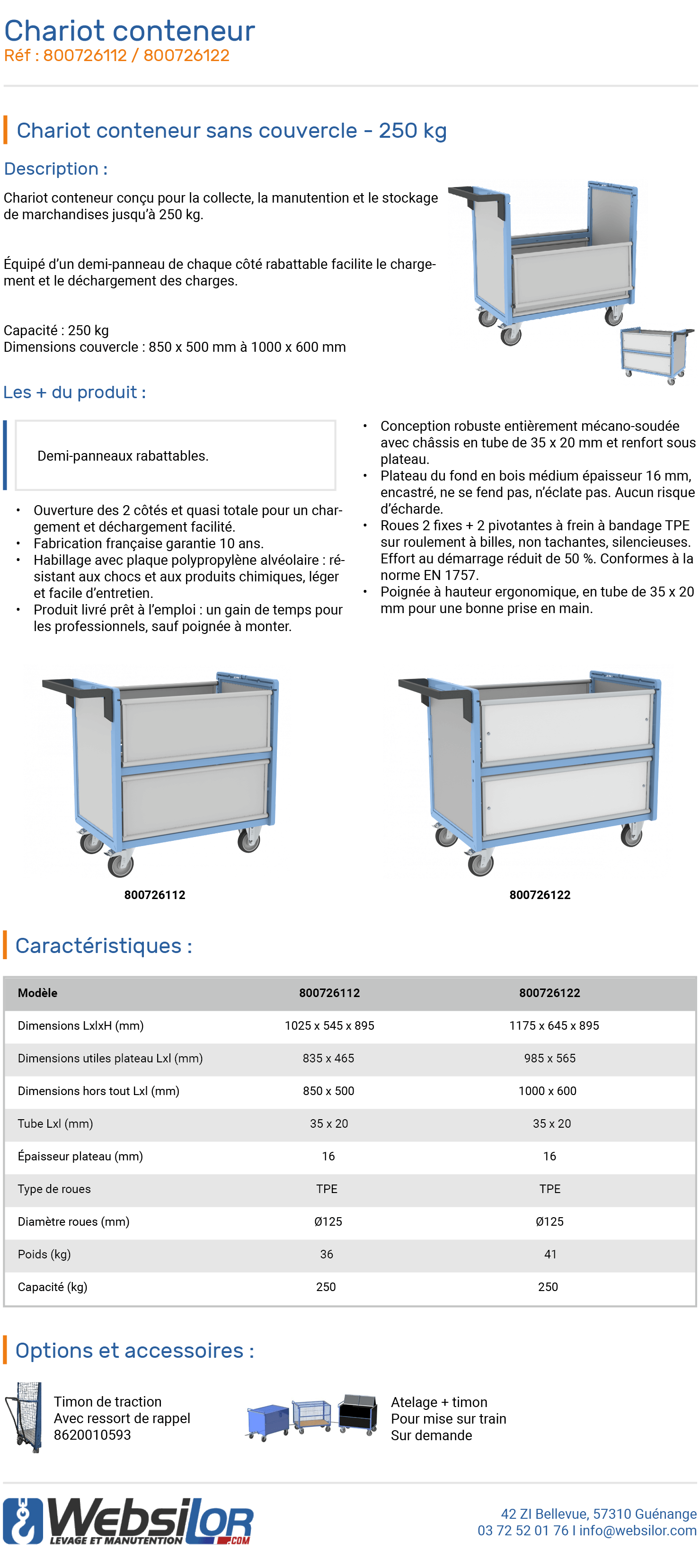 Informations technique de Chariot conteneur sans couvercle - 250 kg