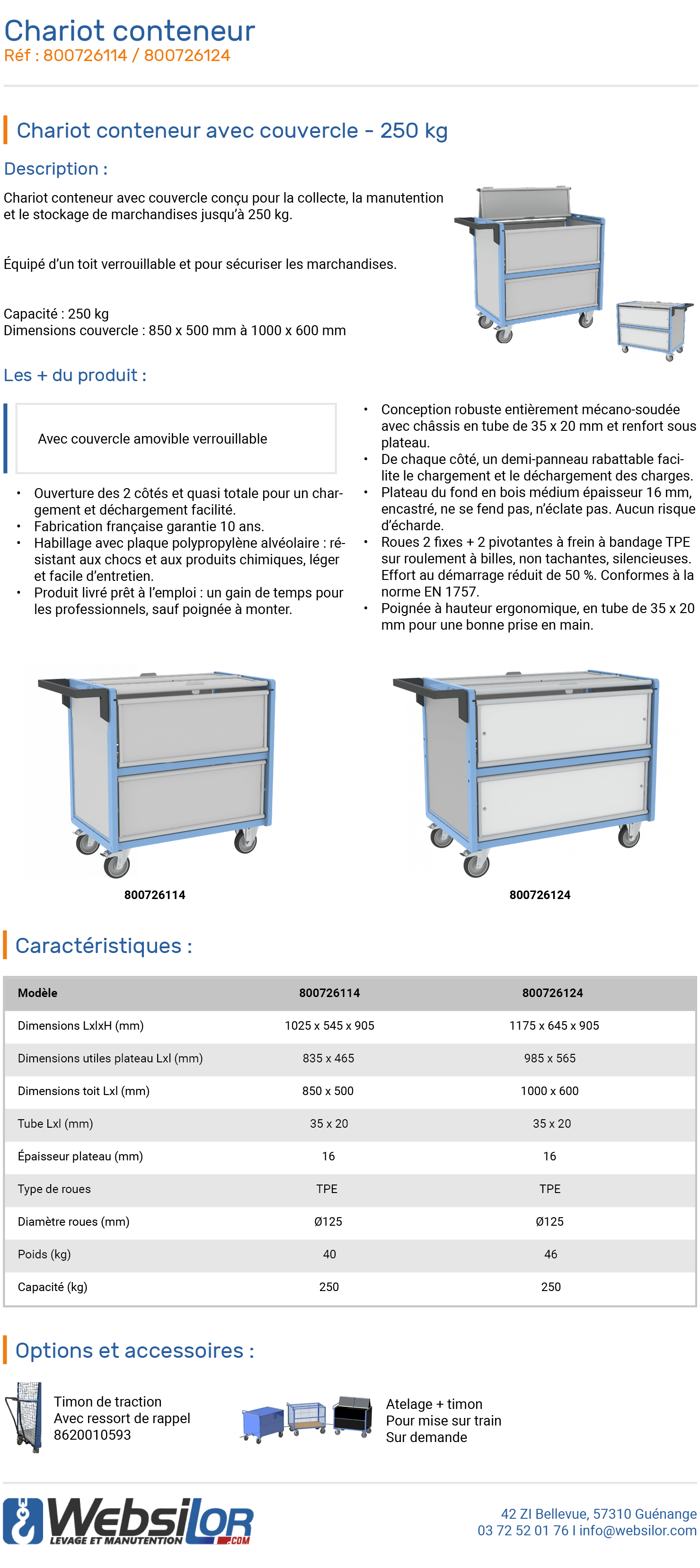 Informations technique de Chariot conteneur avec toit - 250 kg