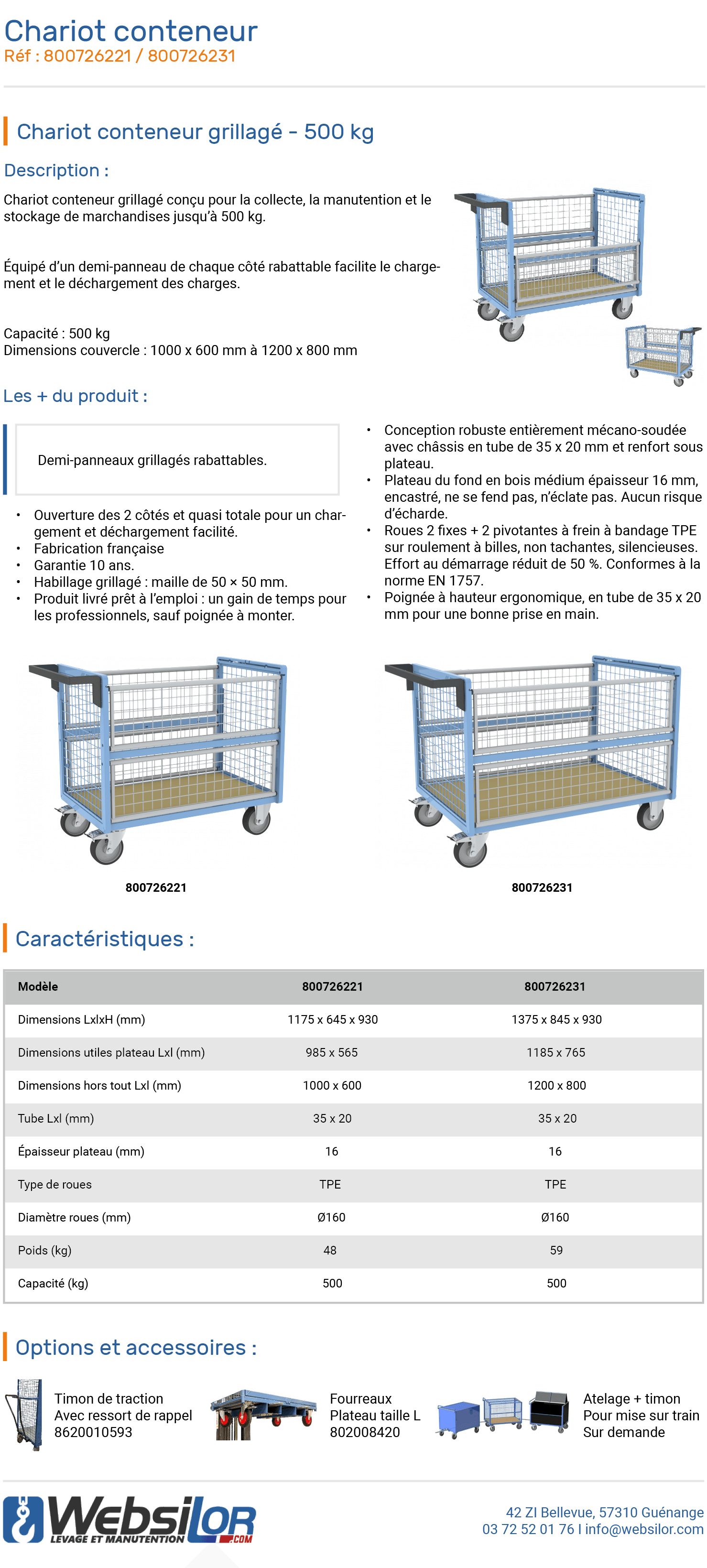Informations technique de Chariot conteneur grand plateau - 500 kg