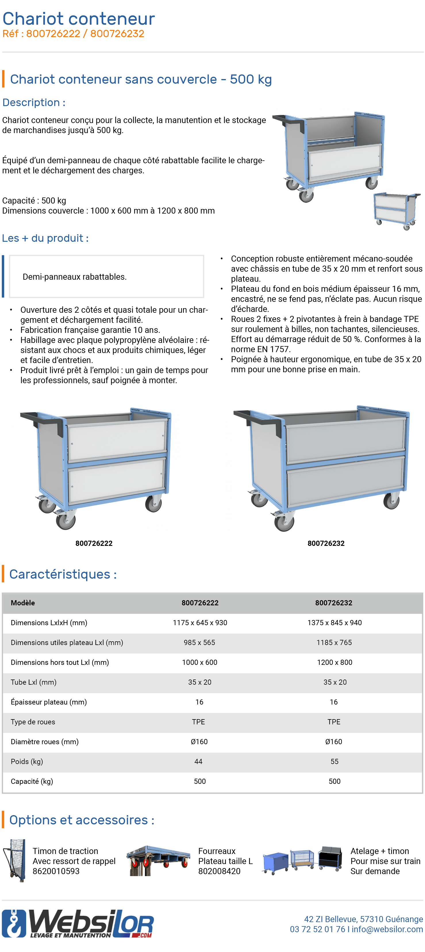 Informations technique de Chariot conteneur en tôle grand plateau - 500 kg