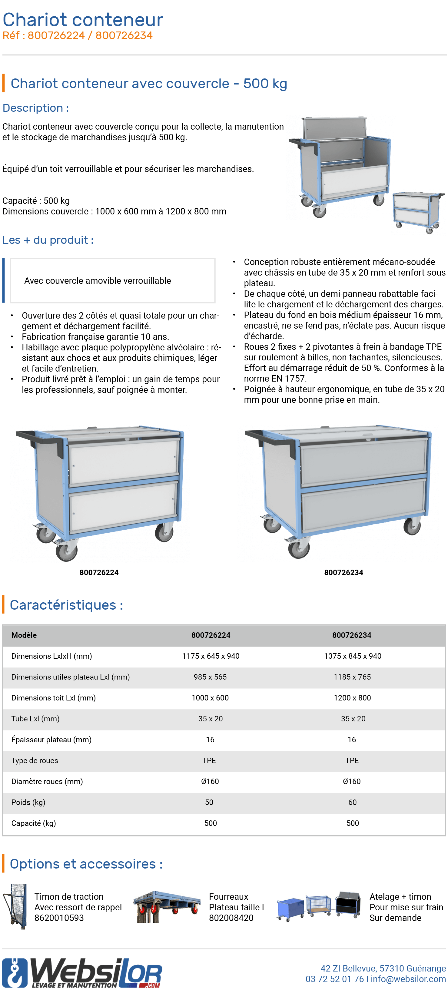 Informations technique de Chariot conteneur avec couvercle - 500 kg