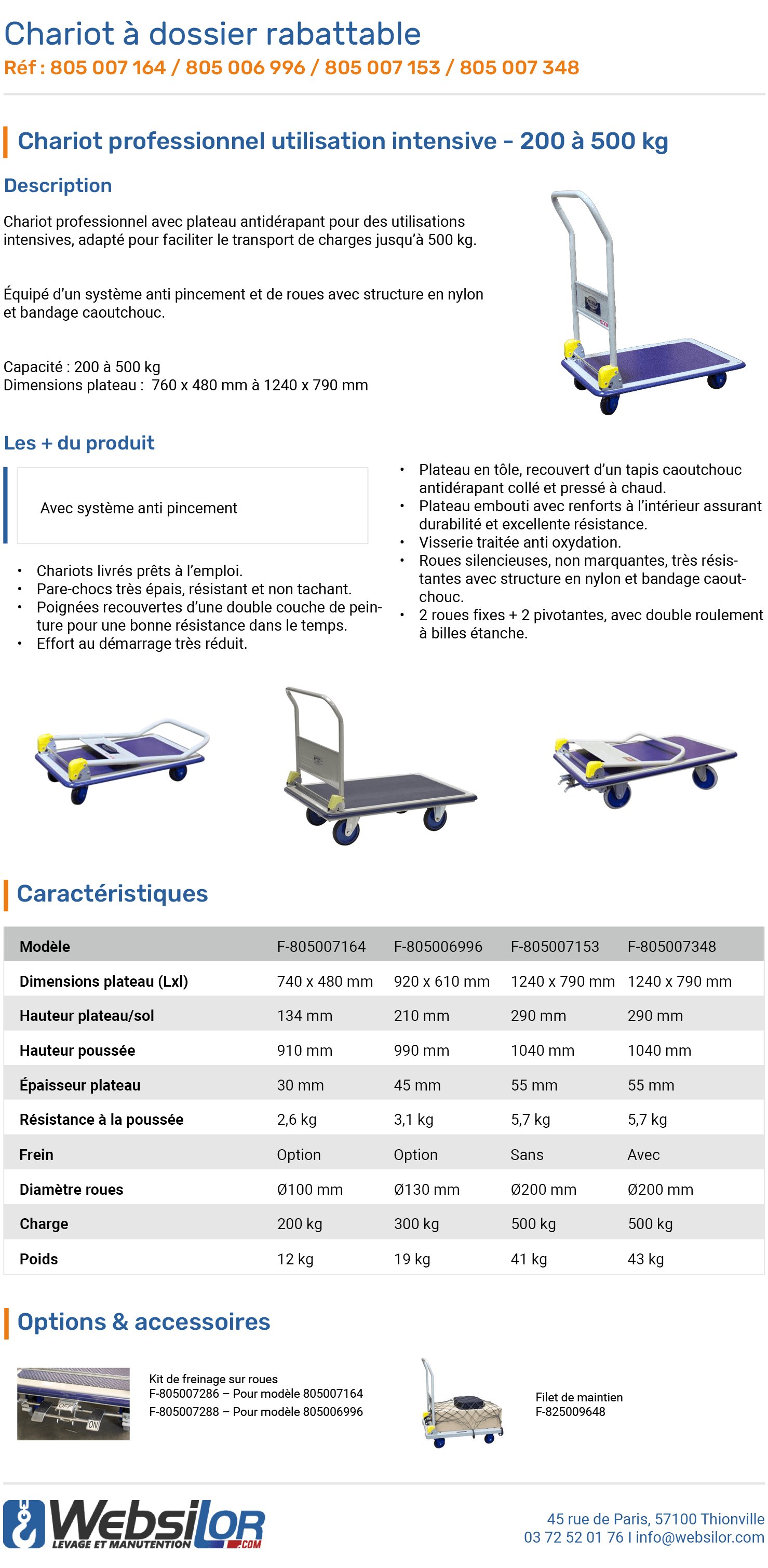 Informations technique de Chariot acier dossier rabattable - 300 kg