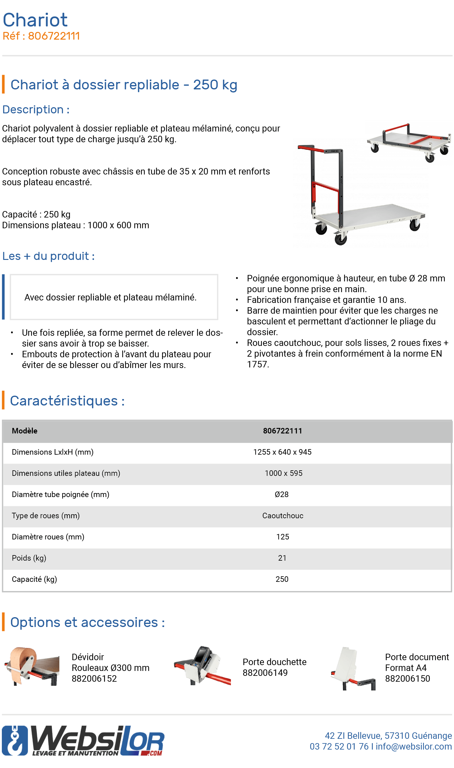 Informations technique de Chariot dossier repliable - 250 kg