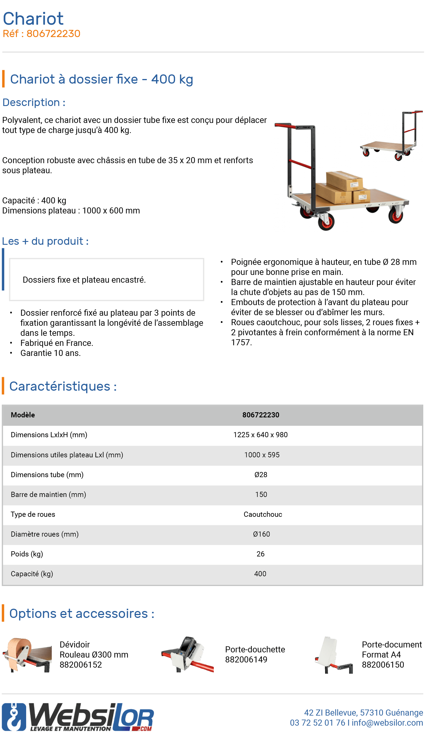 Informations technique de Chariot dossier fixe - 400 kg