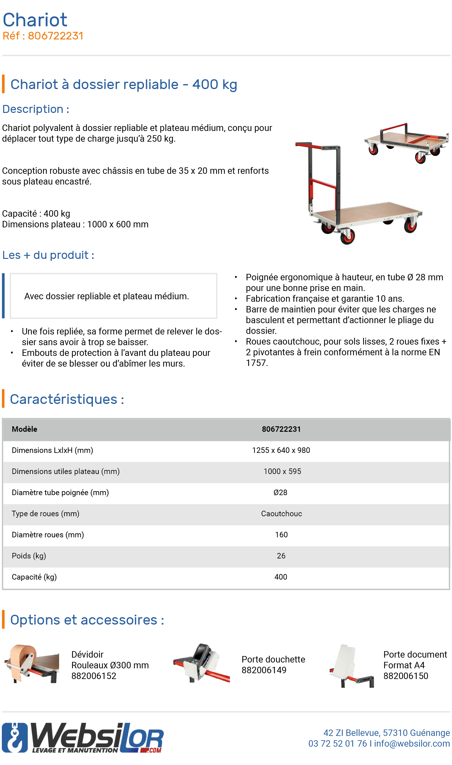 Informations technique de Chariot dossier repliable - 400 kg