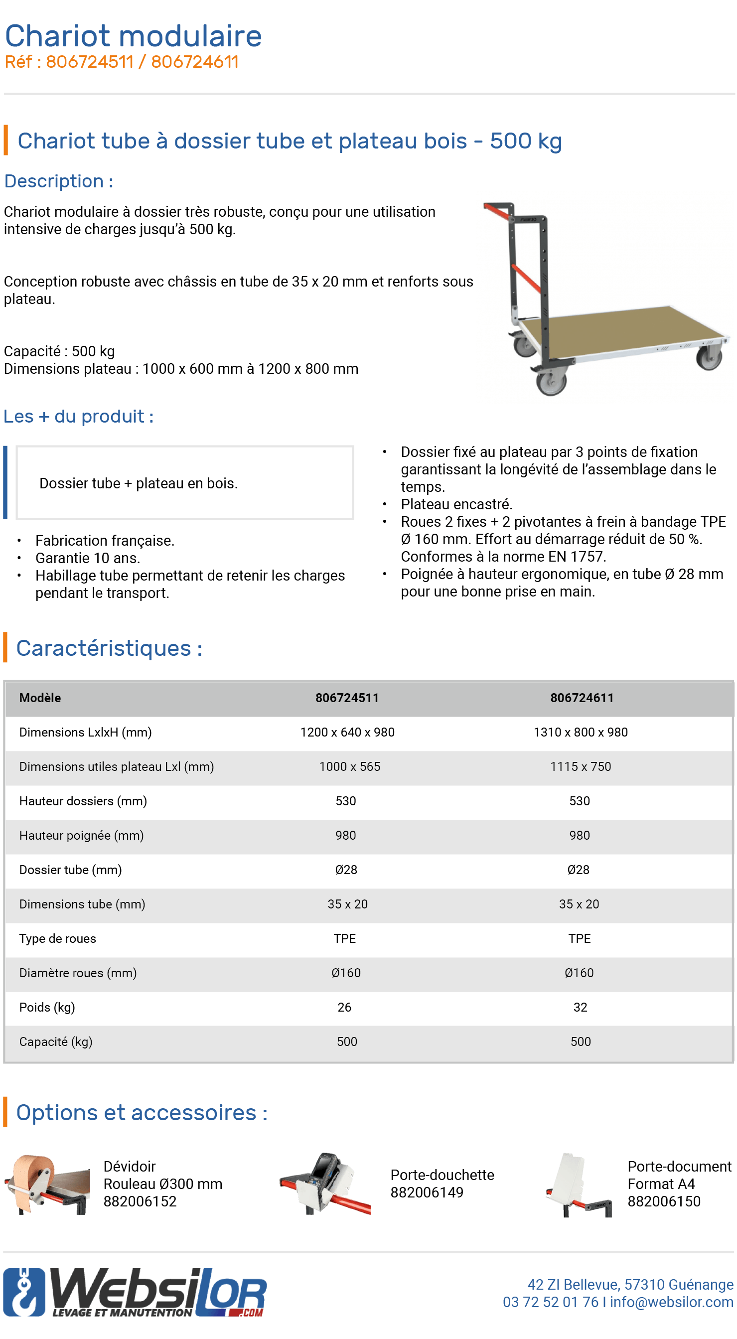 Informations technique de Chariot modulaire grand plateau - 500 kg 