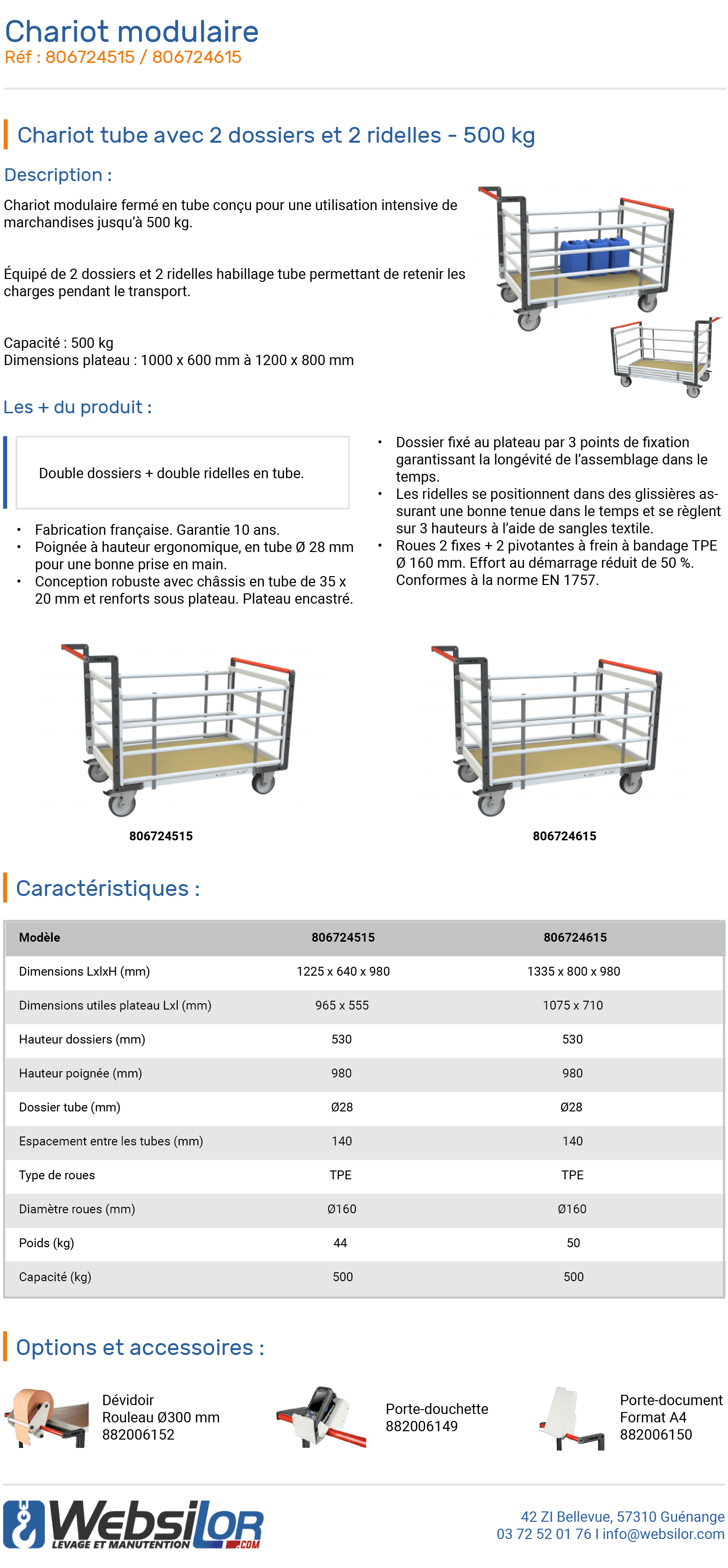 Informations technique de Chariot modulaire double ridelles et grand plateau - 500 kg 