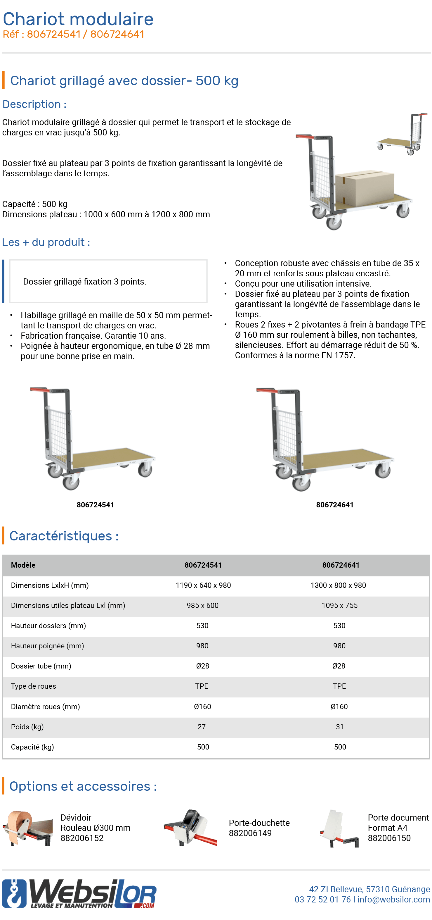 Informations techniques Chariot modulaire dossier grillagé - 500 kg 