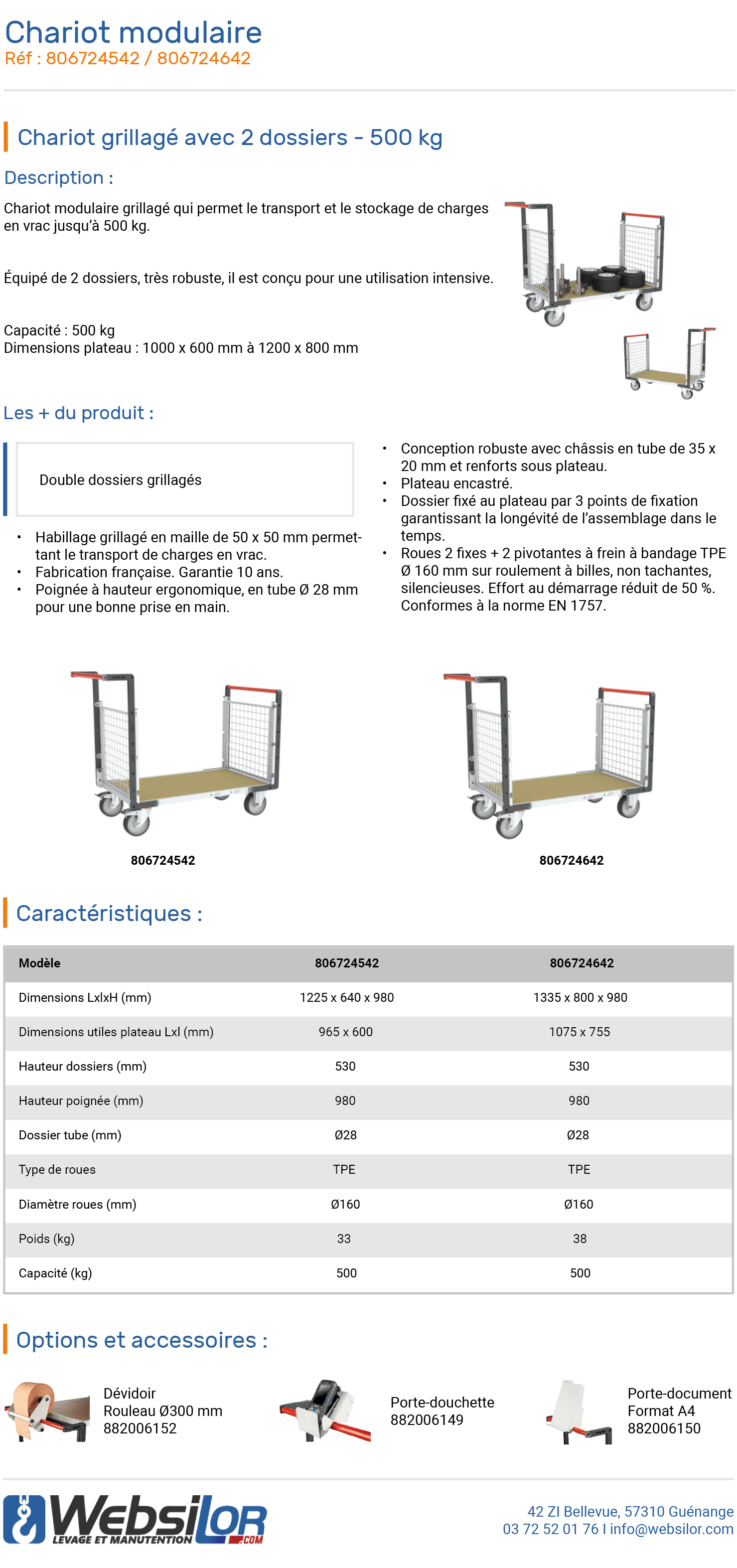 Informations technique de Chariot modulaire 2 dossiers et grand plateau - 500 kg 