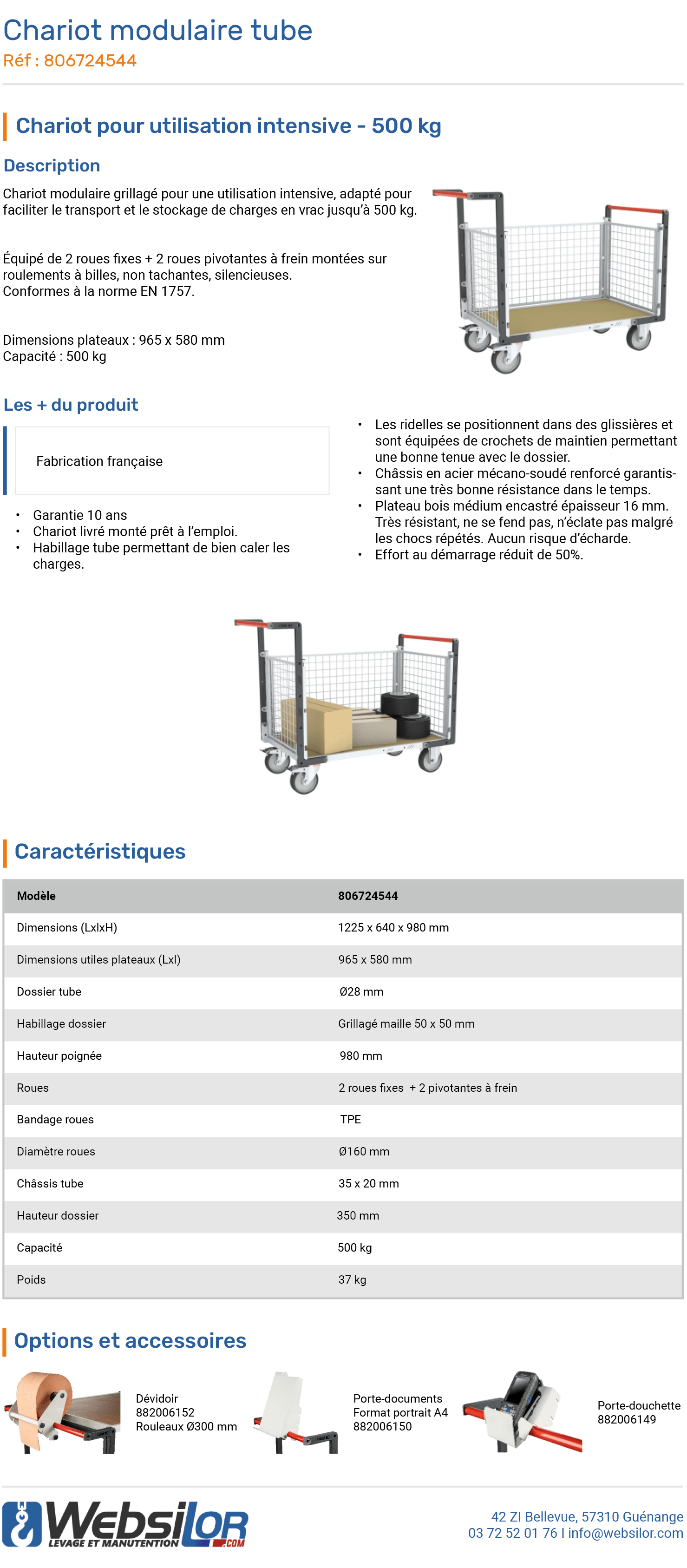 Informations technique de Chariot modulaire 2 dossiers 1 ridelle - 500 kg 
