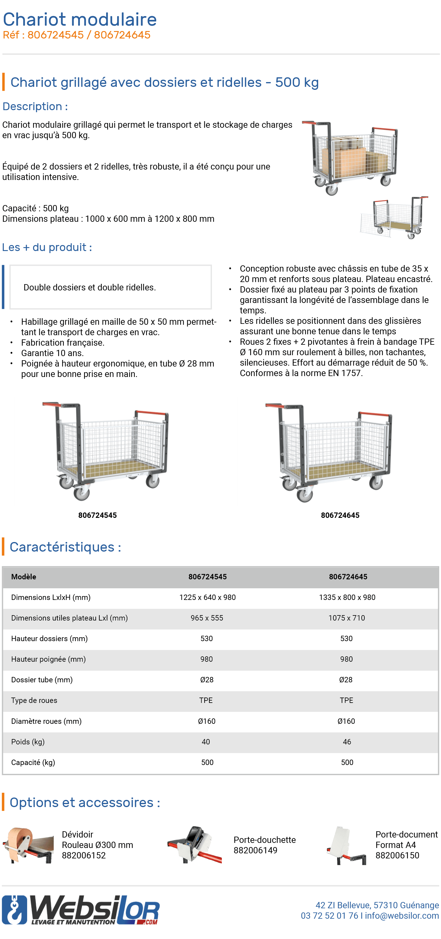 Informations technique de Chariot modulaire grille 2 dossiers 2 ridelles - 500 kg 