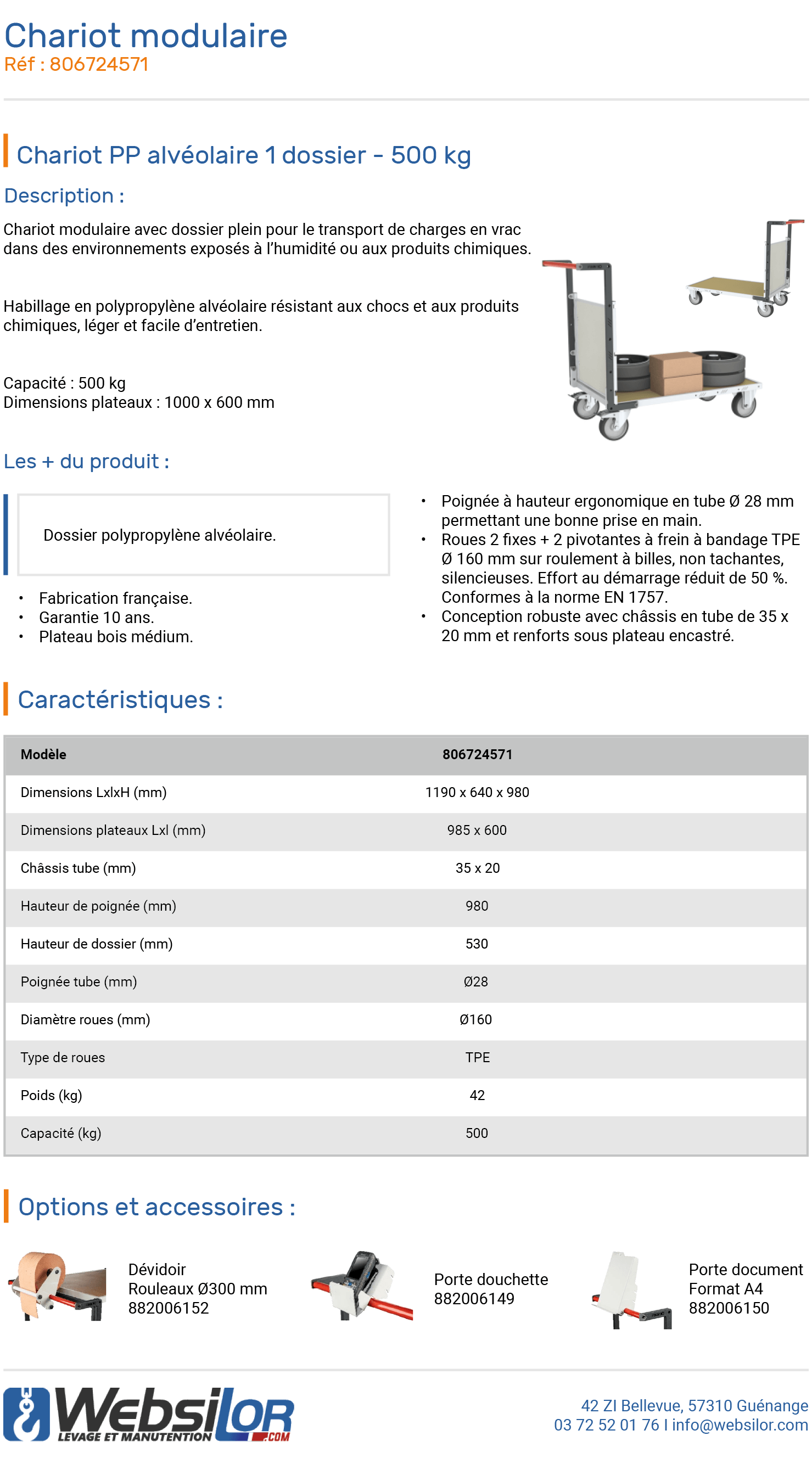 Informations technique de Chariot modulaire avec dossier plein - 500 kg 