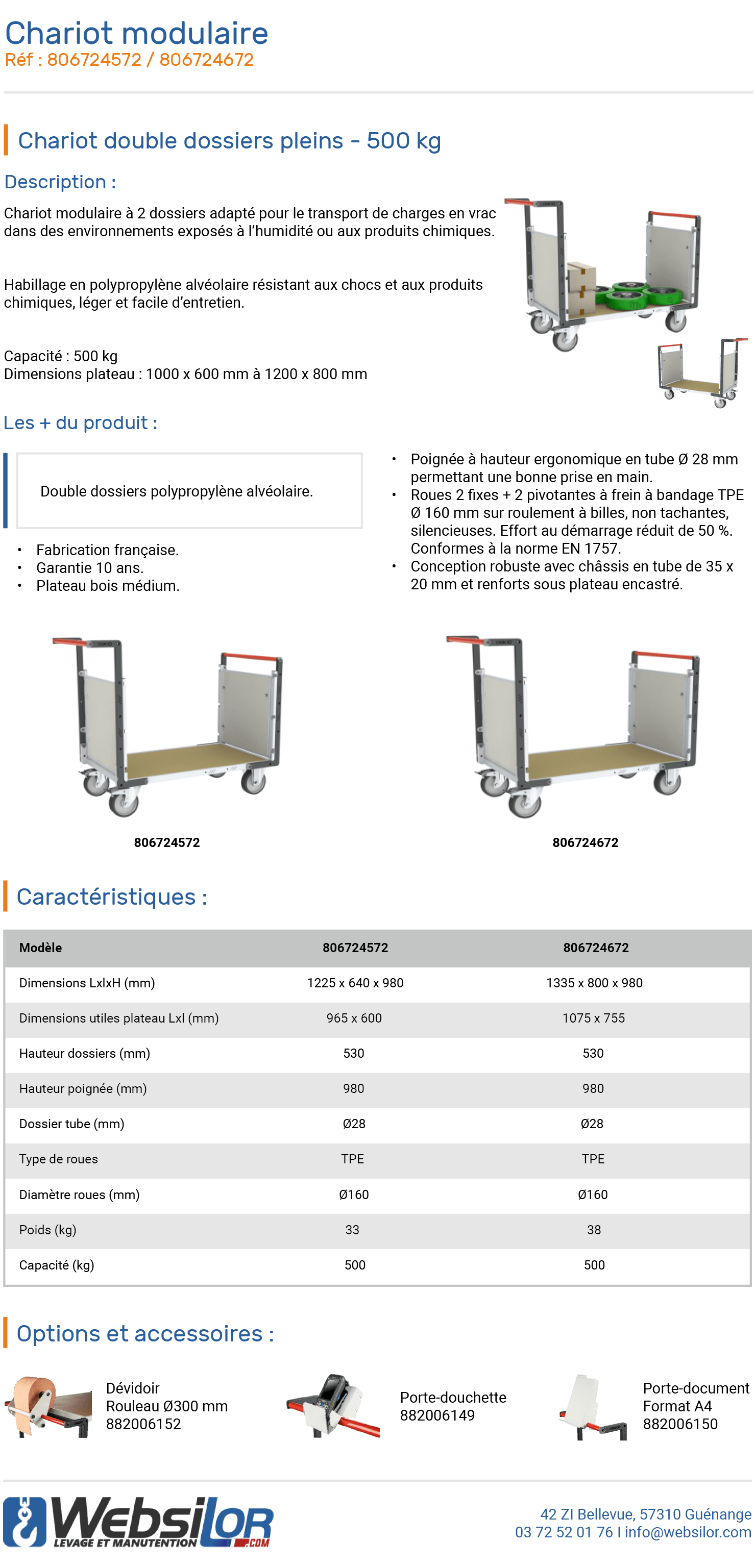 Informations technique de Chariot double dossiers pleins - 500 kg