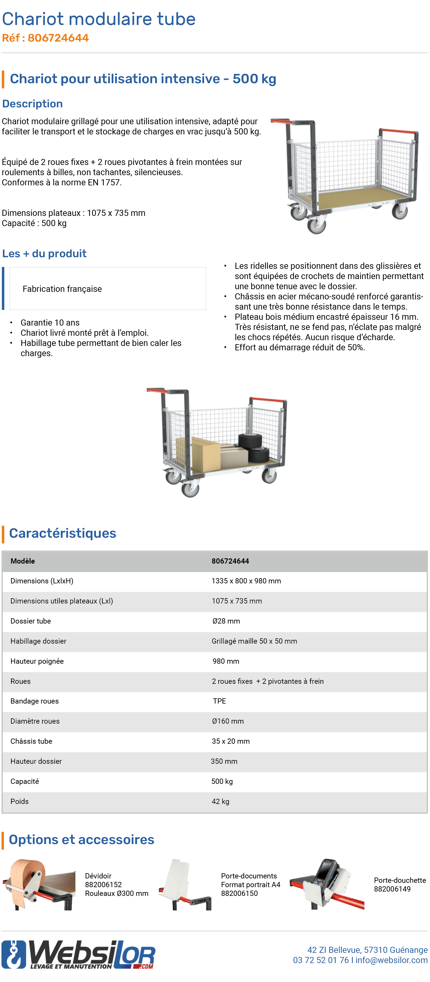 Informations technique de Chariot modulaire 1 ridelle et grand plateau - 500 kg 