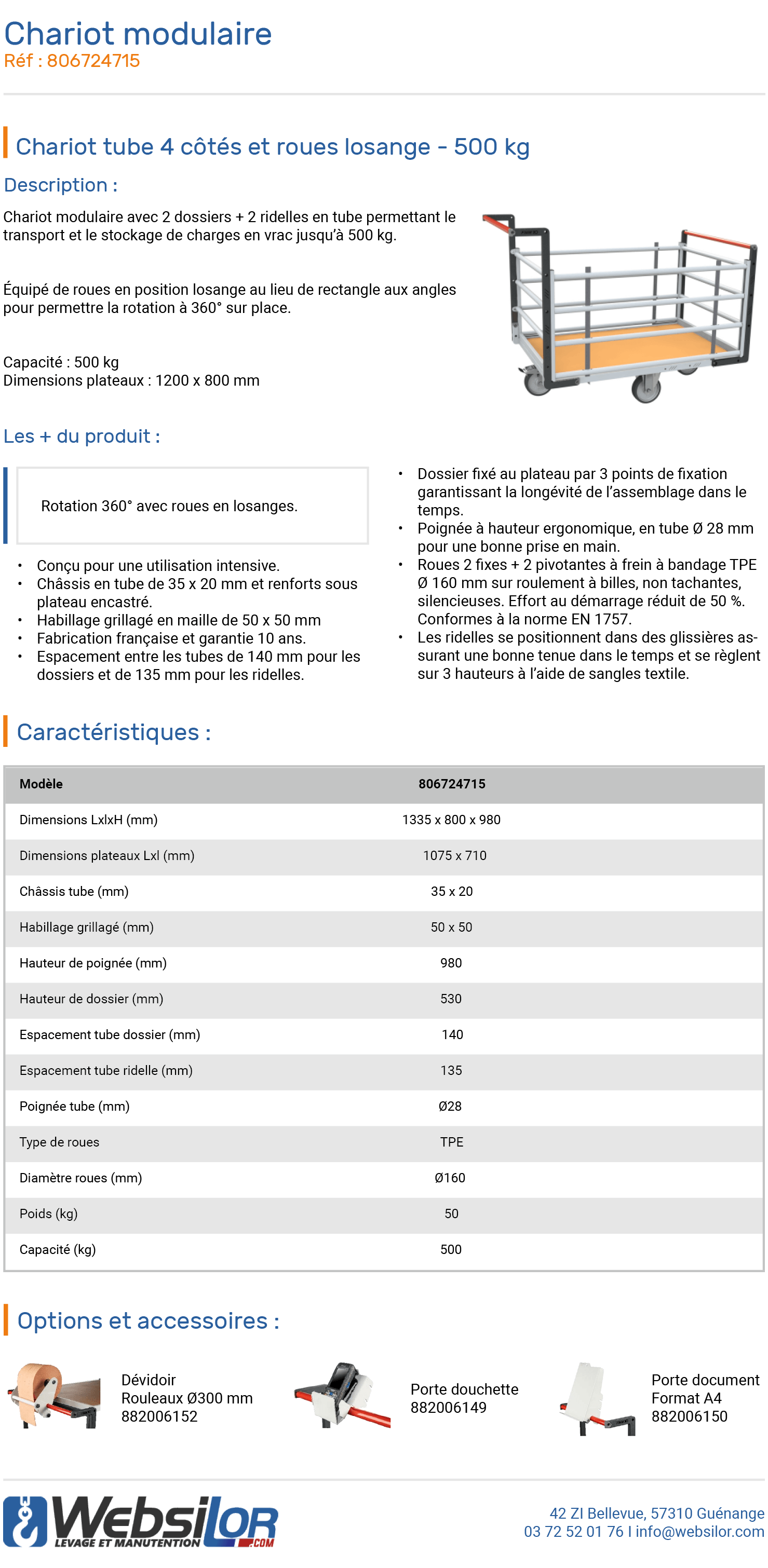 Informations technique de Chariot modulaire tube 4 côtés et roues position losange - 500 kg 
