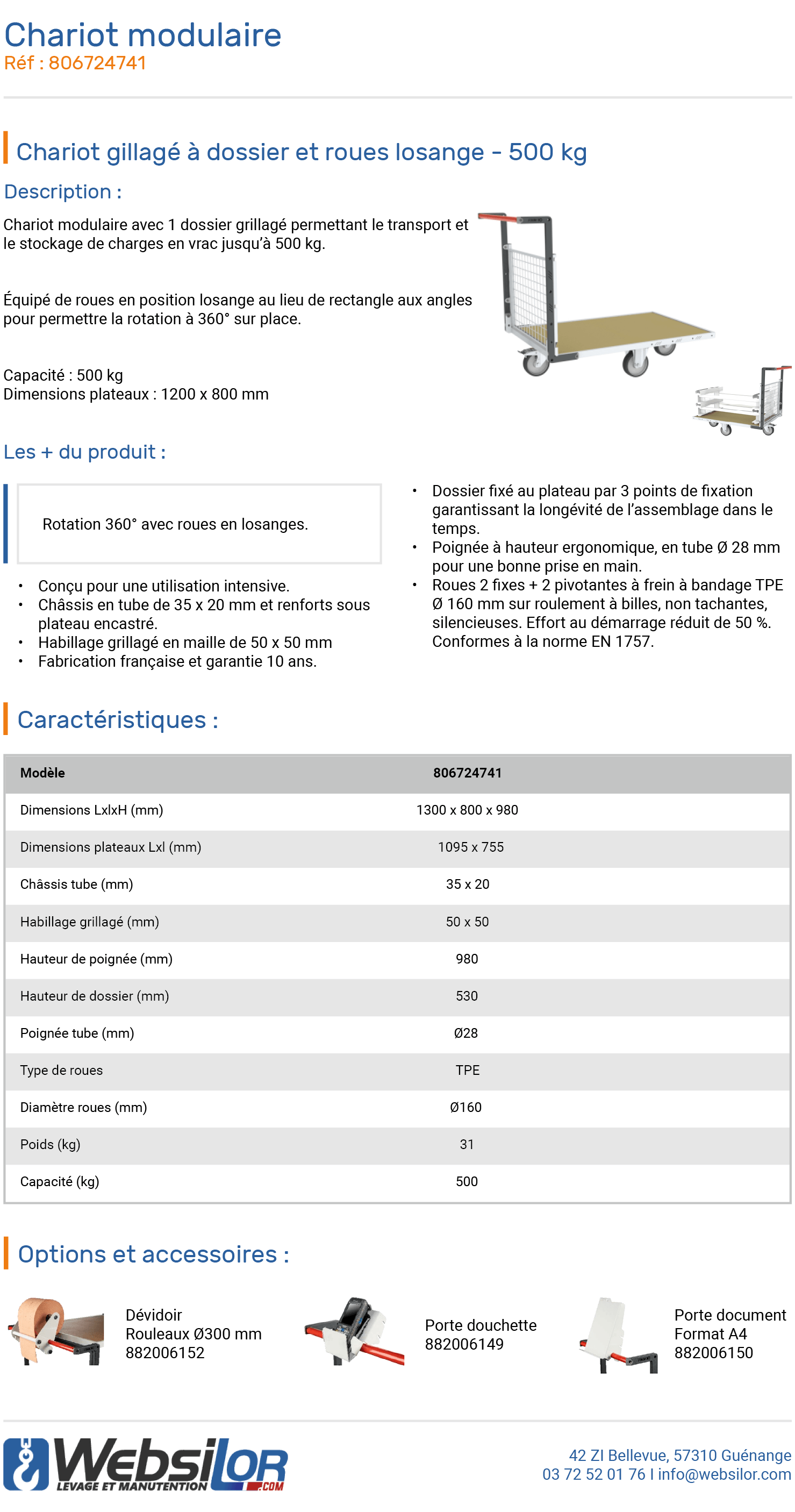 Informations techniques Chariot modulaire grille dossier à rotation 360° - 500 kg 