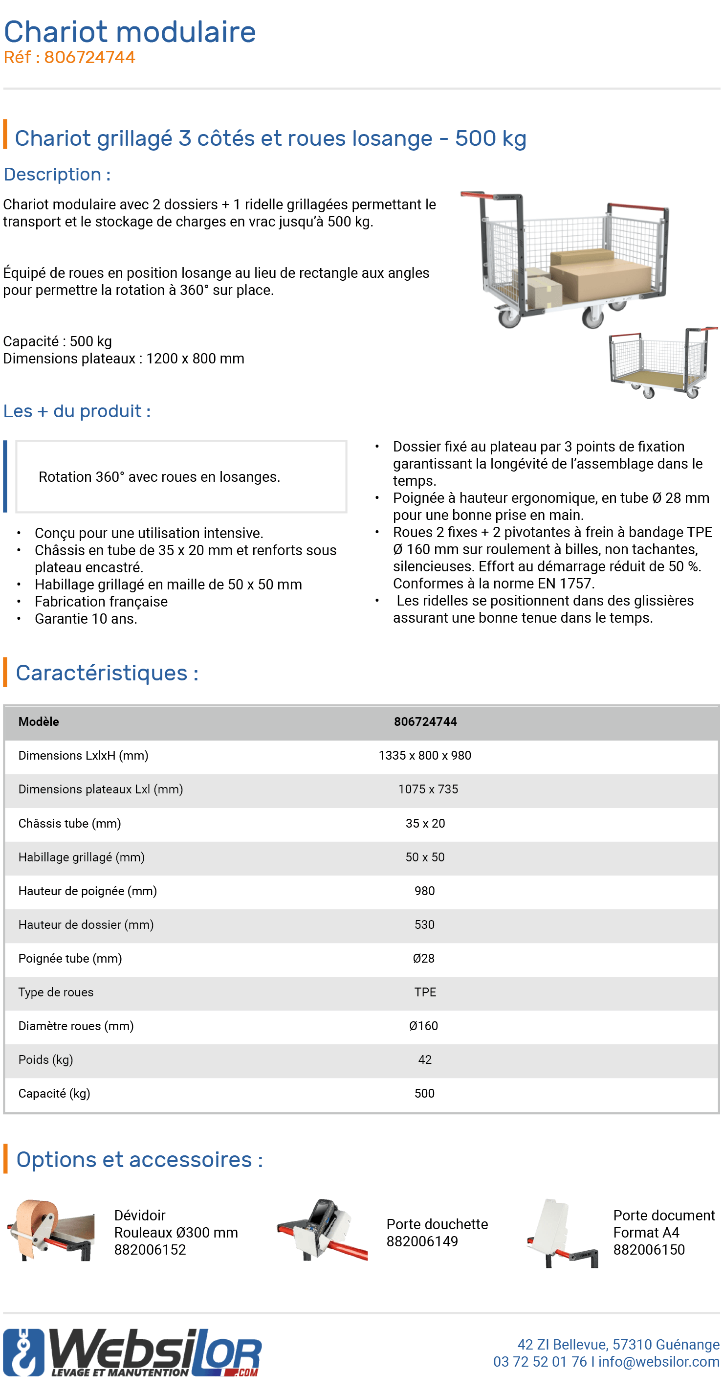 Informations technique de Chariot modulaire 1 ridelle et roues losange - 500 kg 