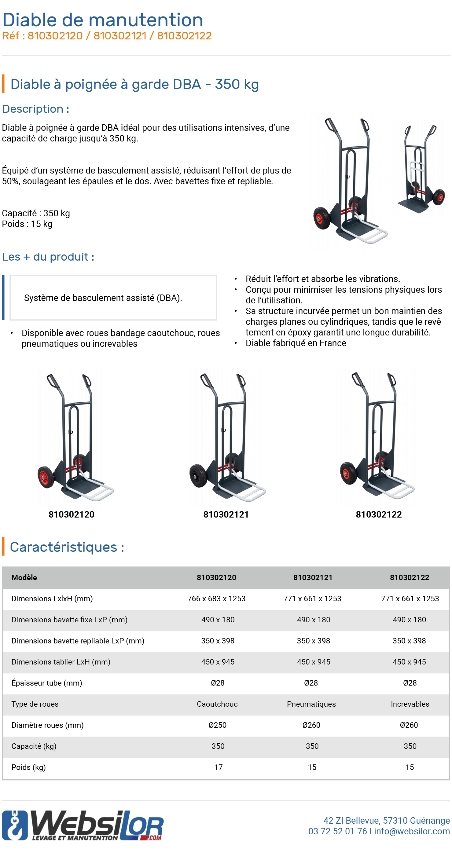 Informations techniques Diable incurvé bavette fixe et repliable - 350 kg